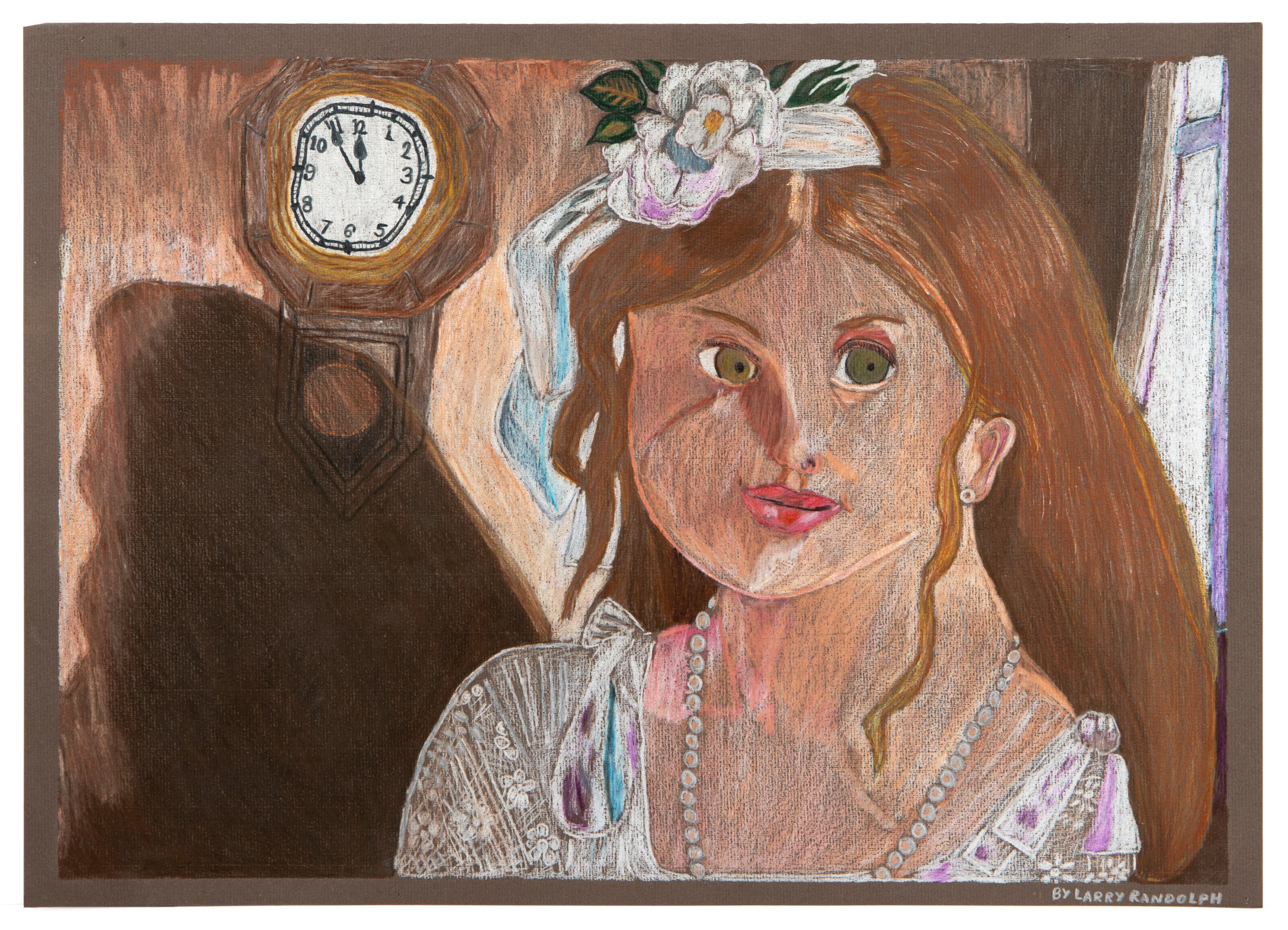 Colored pencil drawing of a figure with long brown hair, flower hair accessory, and pearl necklace in an interior setting