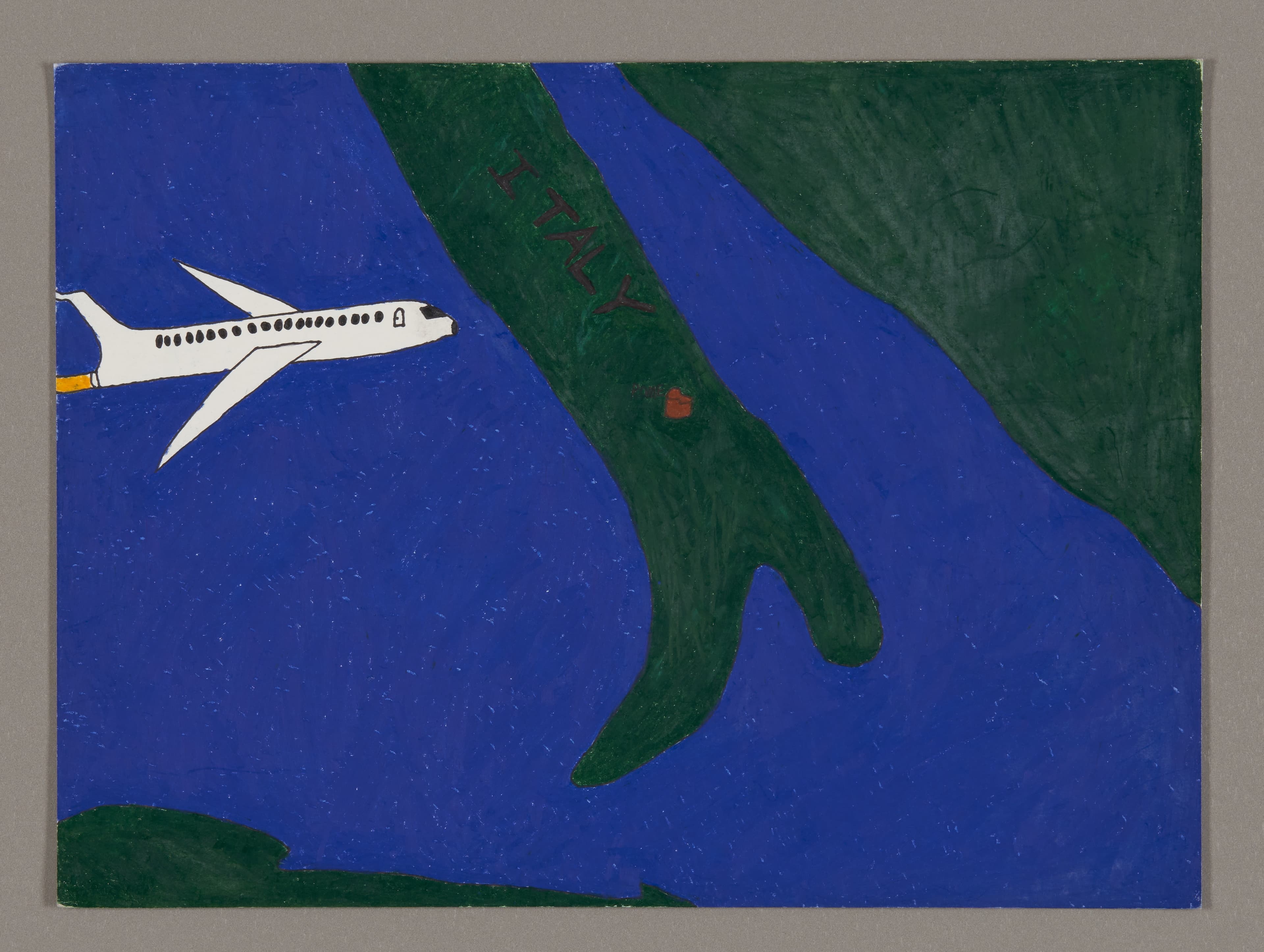 Drawing of white airplane flying over blue sky with green tree branches, mixed media on paper