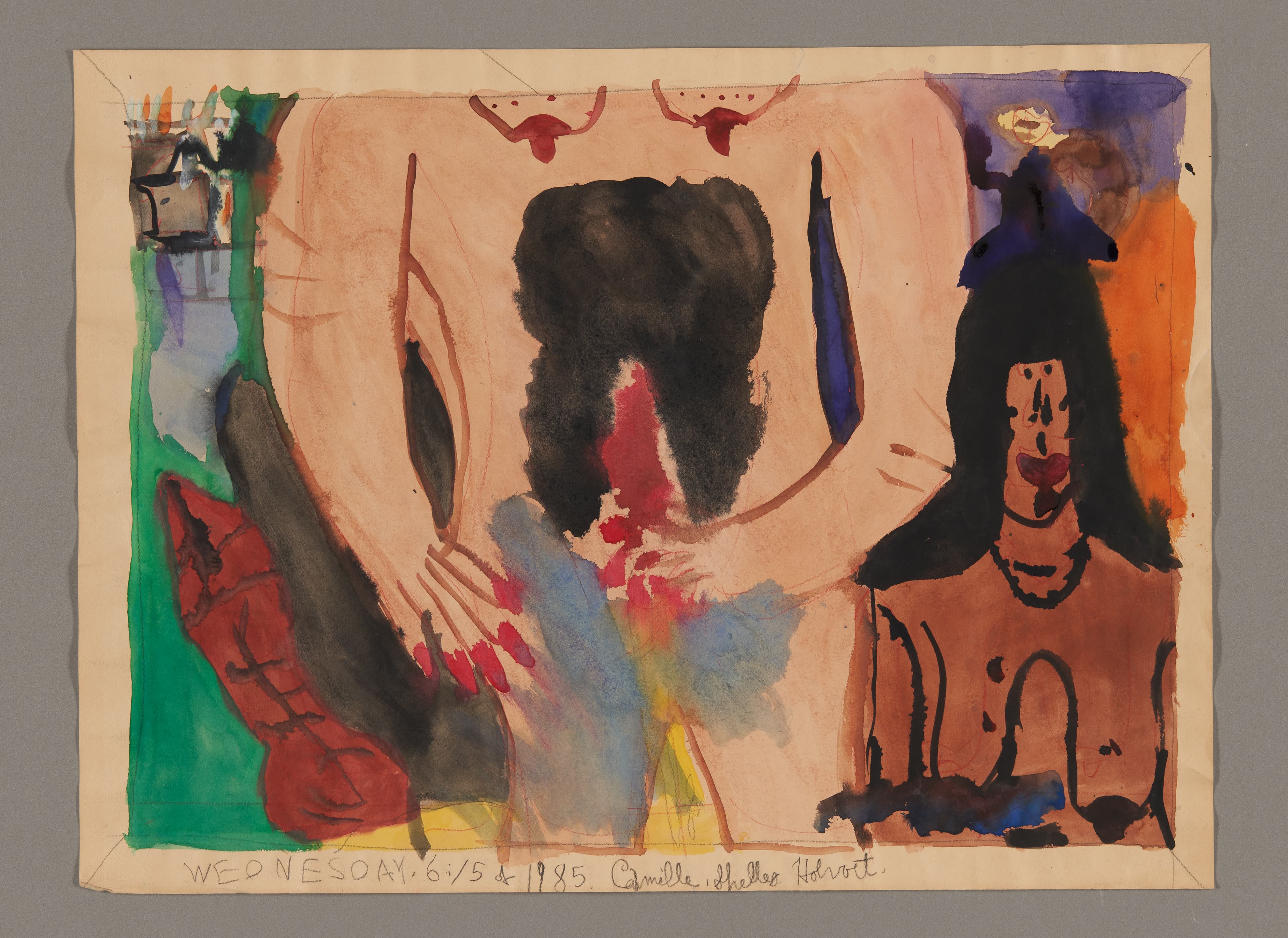 Watercolor painting with abstract figures, featuring pink flesh tones, dark hair, and colorful geometric shapes