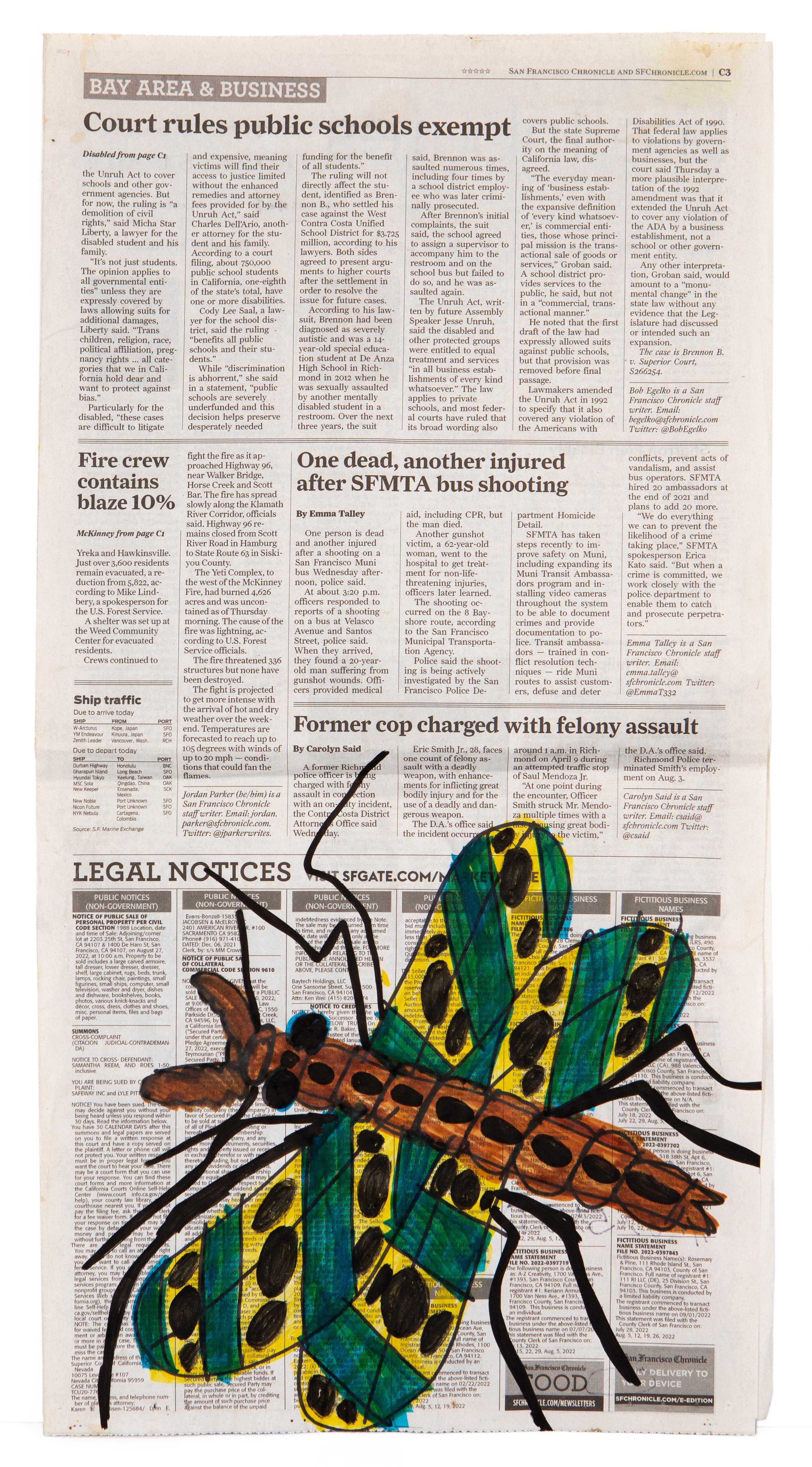 Mixed media drawing of a large butterfly with colorful patterned wings over newspaper print