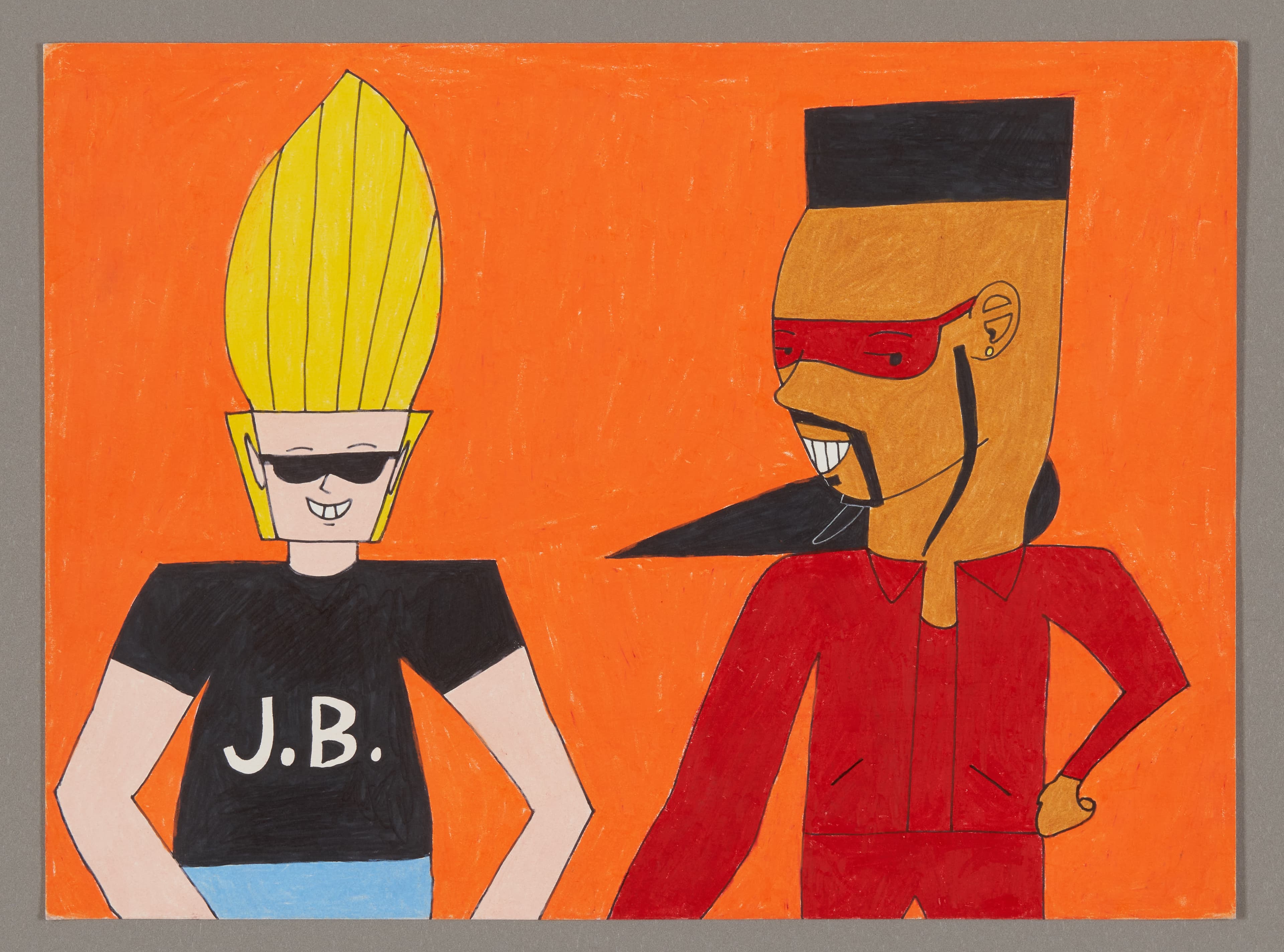 Drawing of two cartoon-style figures on orange background, one with tall yellow hair in black shirt, one in red with hat