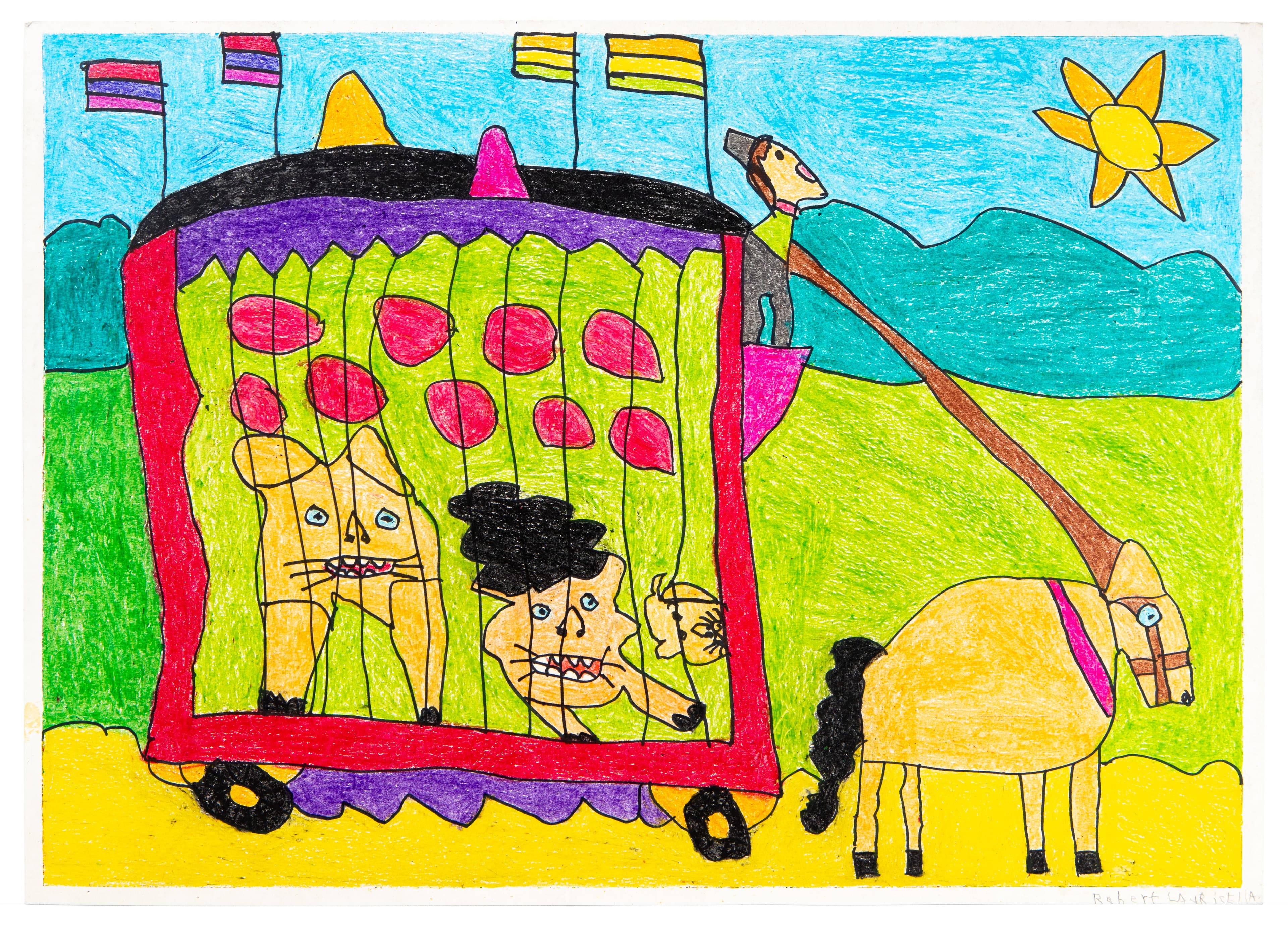 Drawing of colorful carnival wagon with figures inside, animals outside, flags and sun in bright pastels and ink