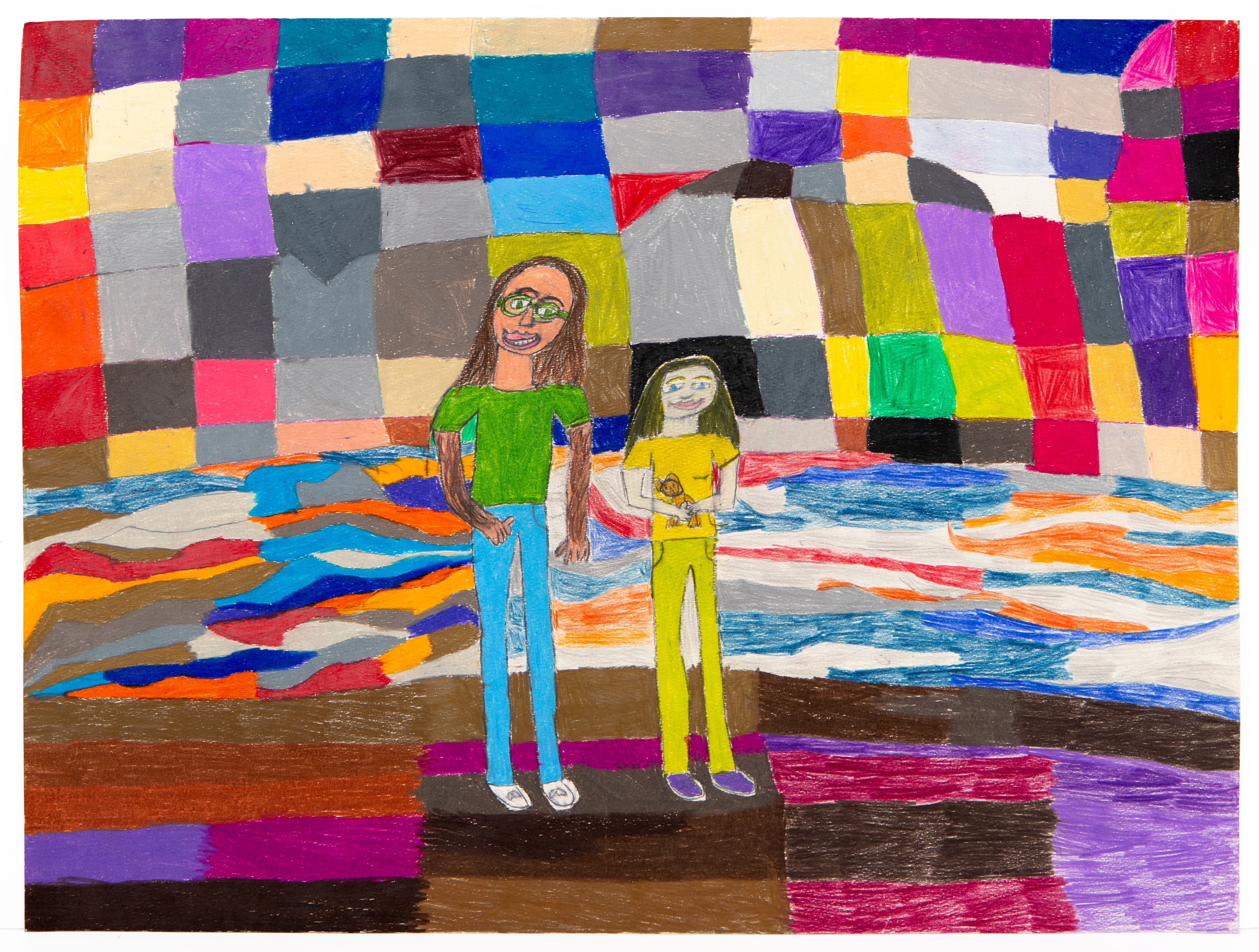 Colored pencil drawing of two figures standing on colorful geometric ground with checkered pattern background