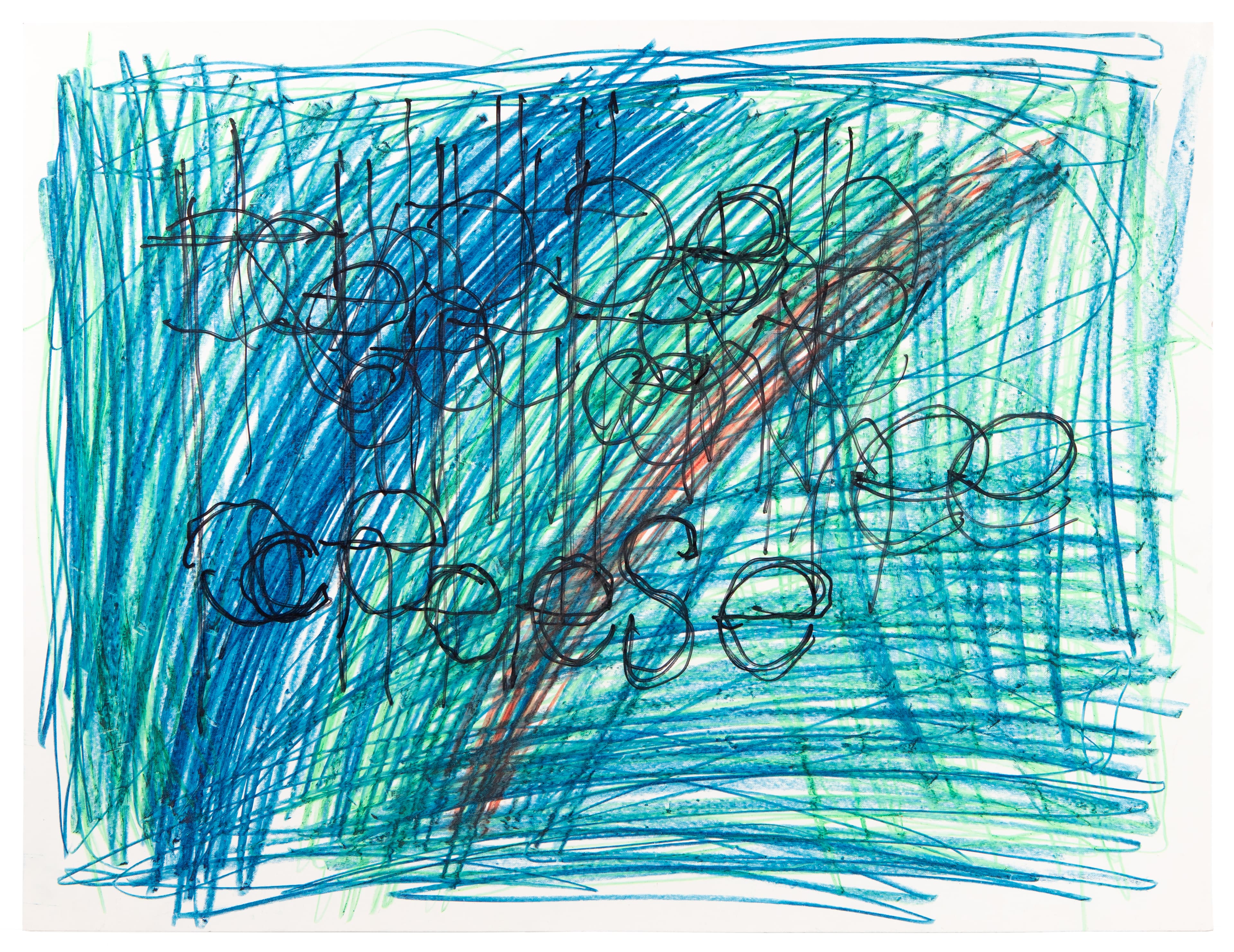 Abstract drawing with energetic blue and teal scribbled lines and circular forms in colored pencil or crayon