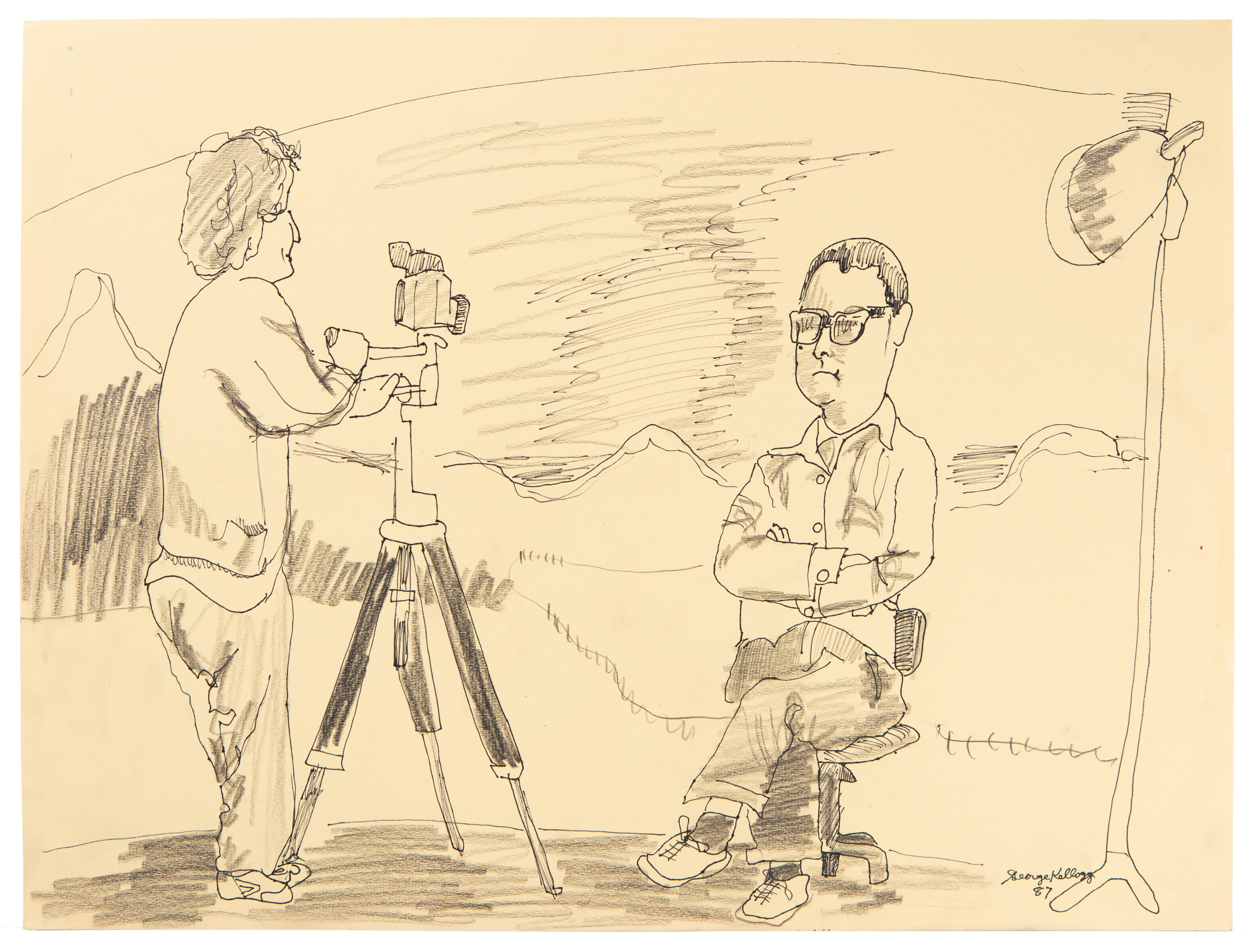 Ink and pencil drawing of two figures in a photography studio with camera equipment and lighting