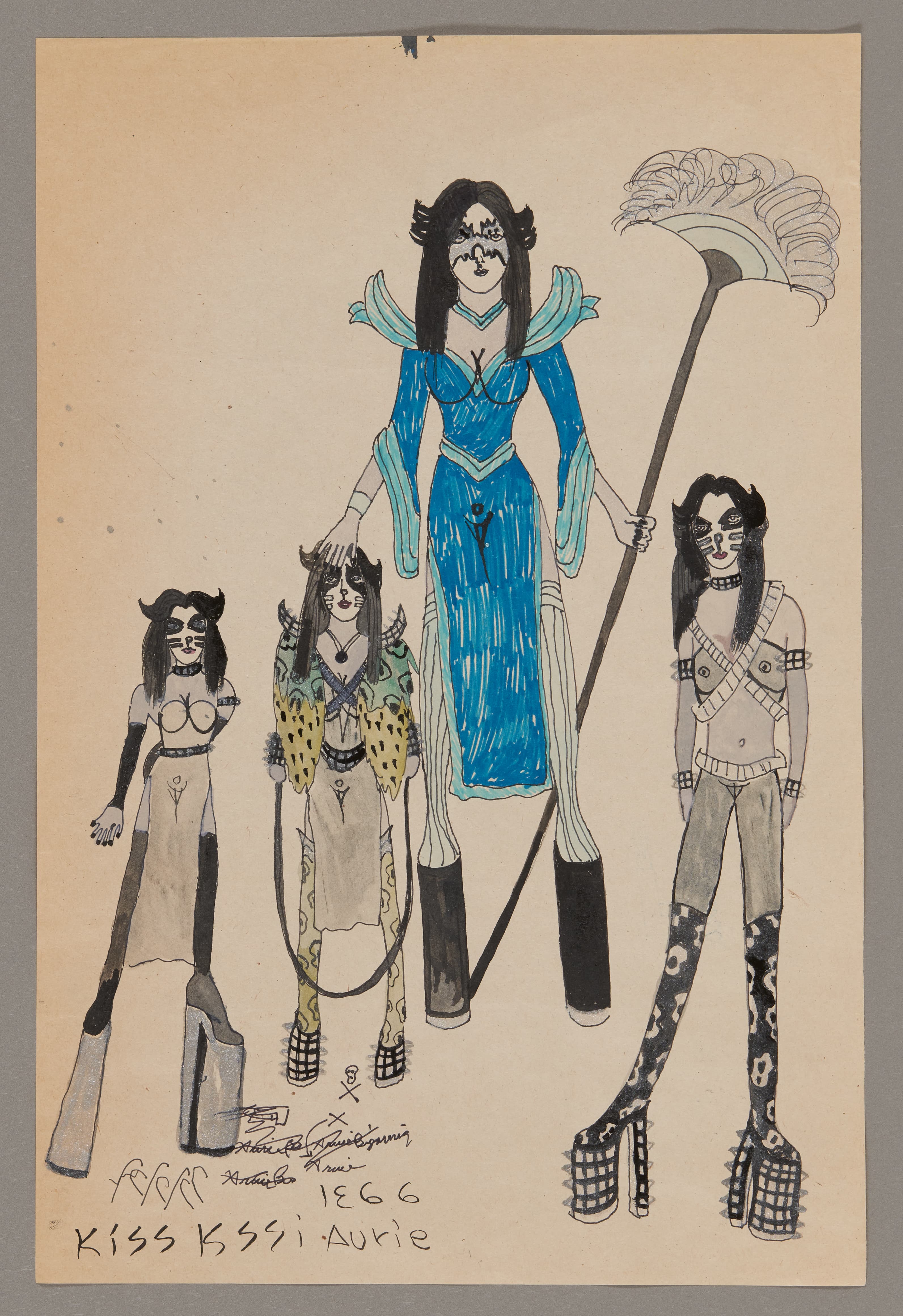 Drawing of four fantasy figures with long dark hair, featuring a central blue-gowned character with feathered wings and staff