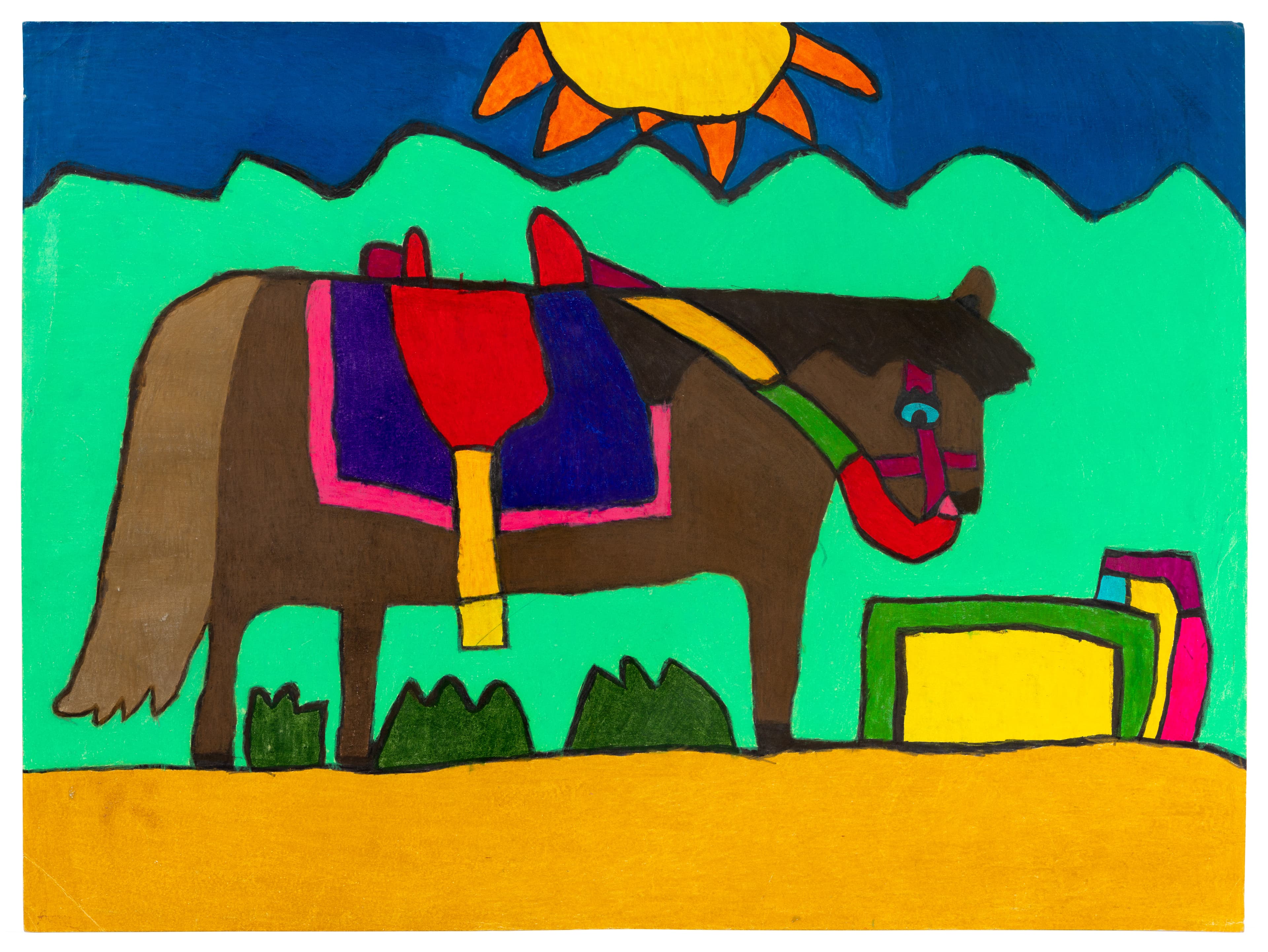 Colorful drawing of a brown horse with saddle and blanket against bright green hills, yellow sun above