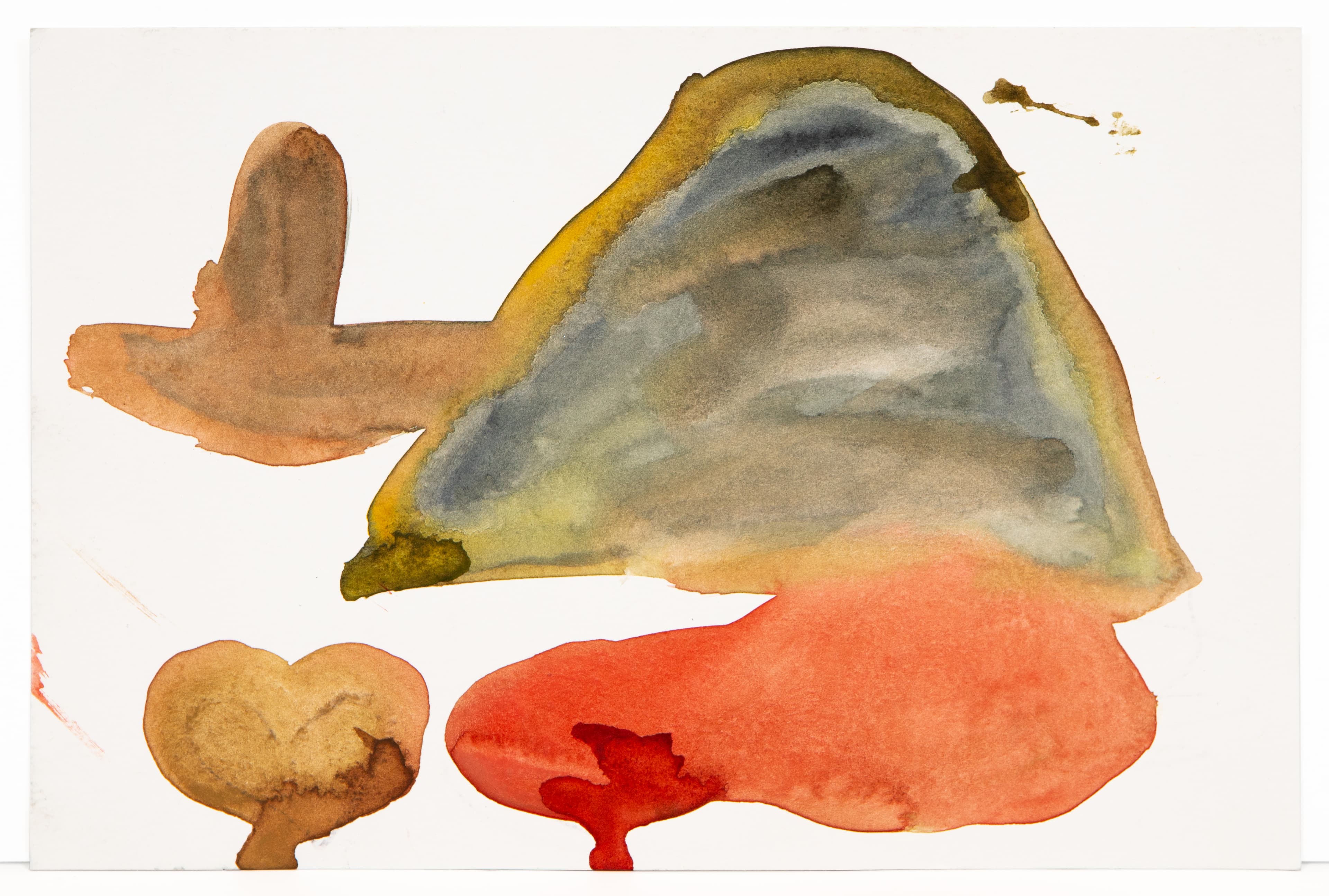 Abstract watercolor painting with organic shapes in orange, gray, yellow, and red on white paper