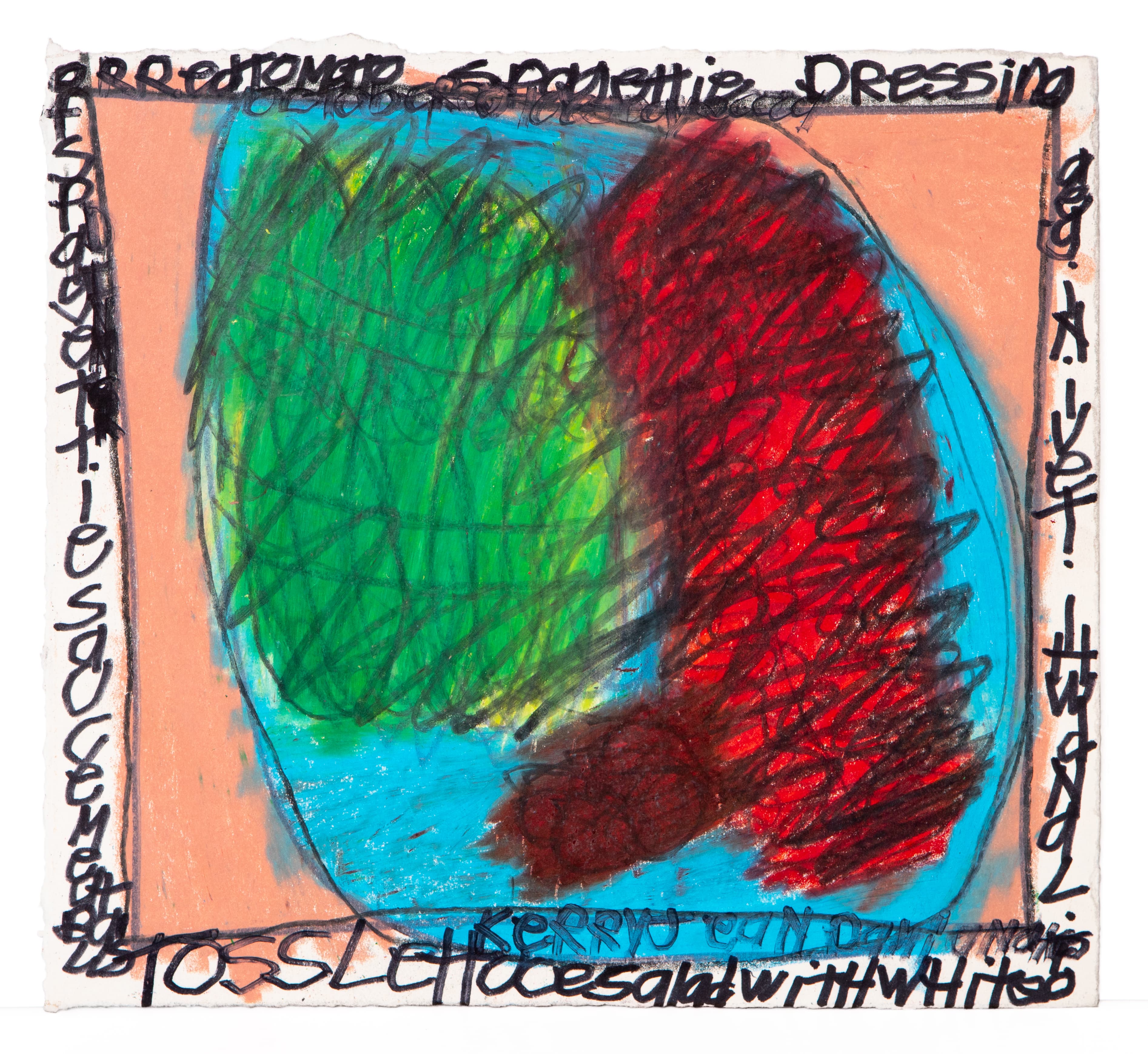 Abstract pastel drawing with blue circular form containing green and red areas, surrounded by handwritten text