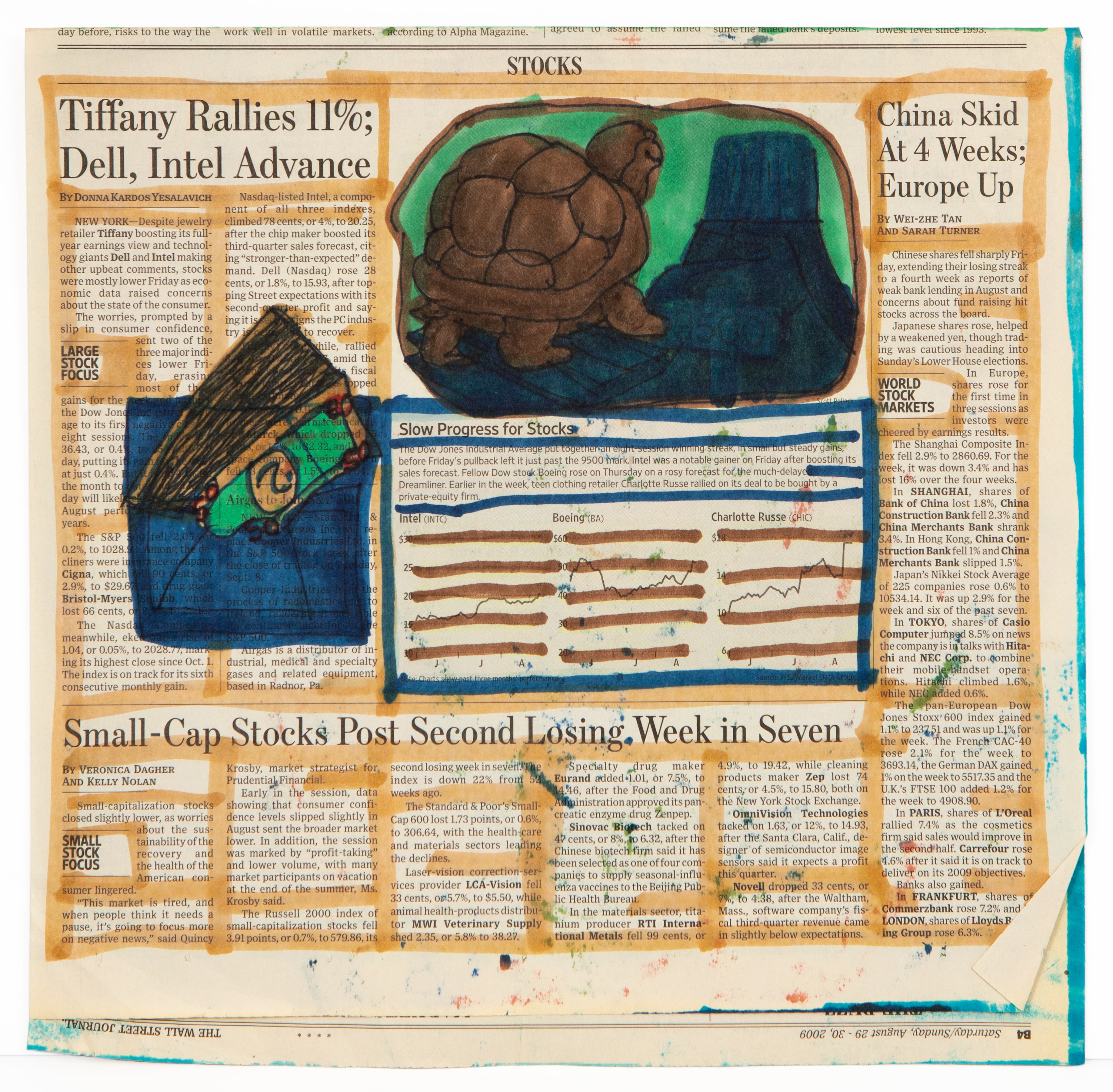 Ink drawings on newspaper featuring figures and charts in blue and brown tones on financial pages