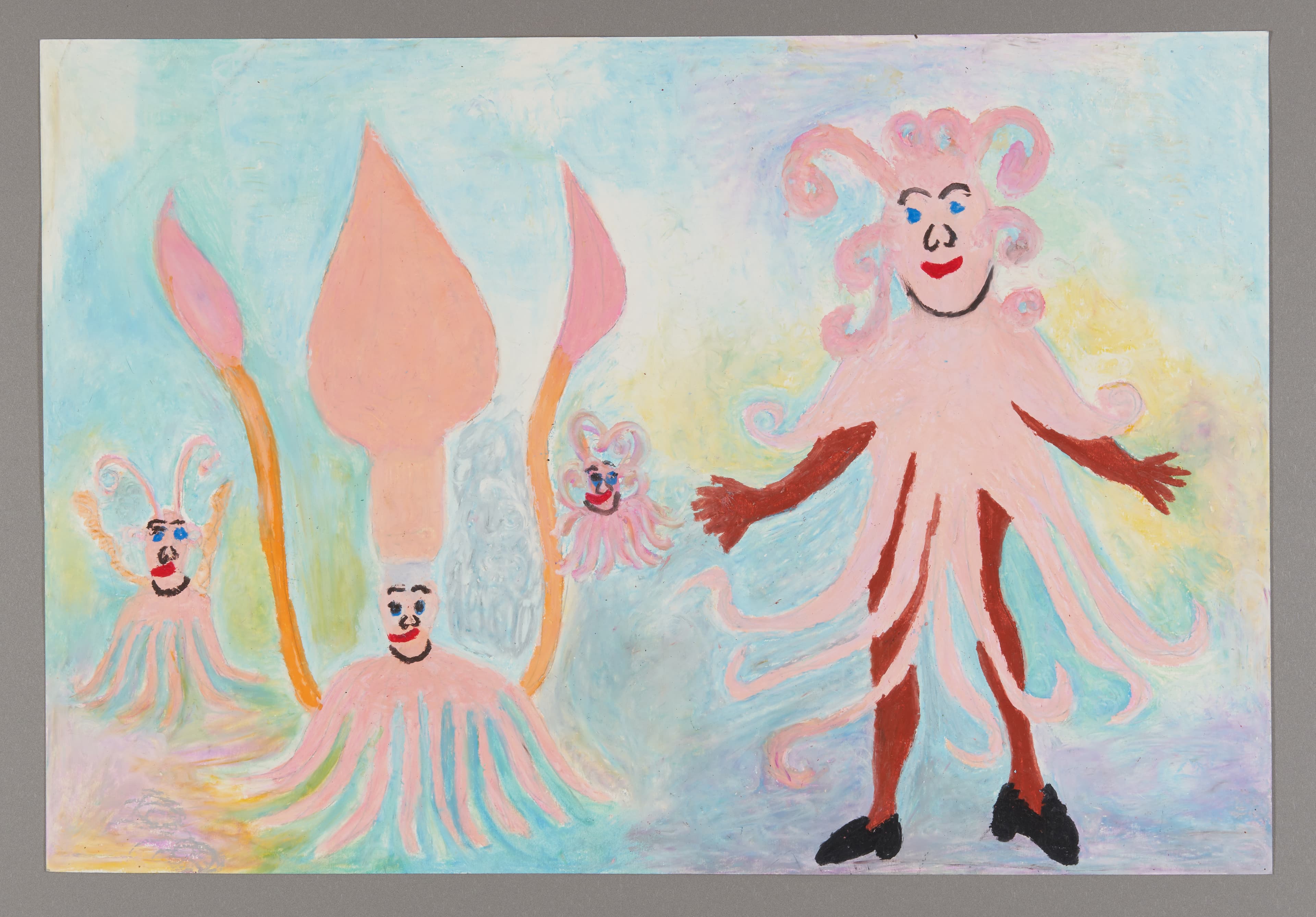 Oil pastel drawing of fantastical figures with flowing hair and flame-like forms in pastel colors on paper