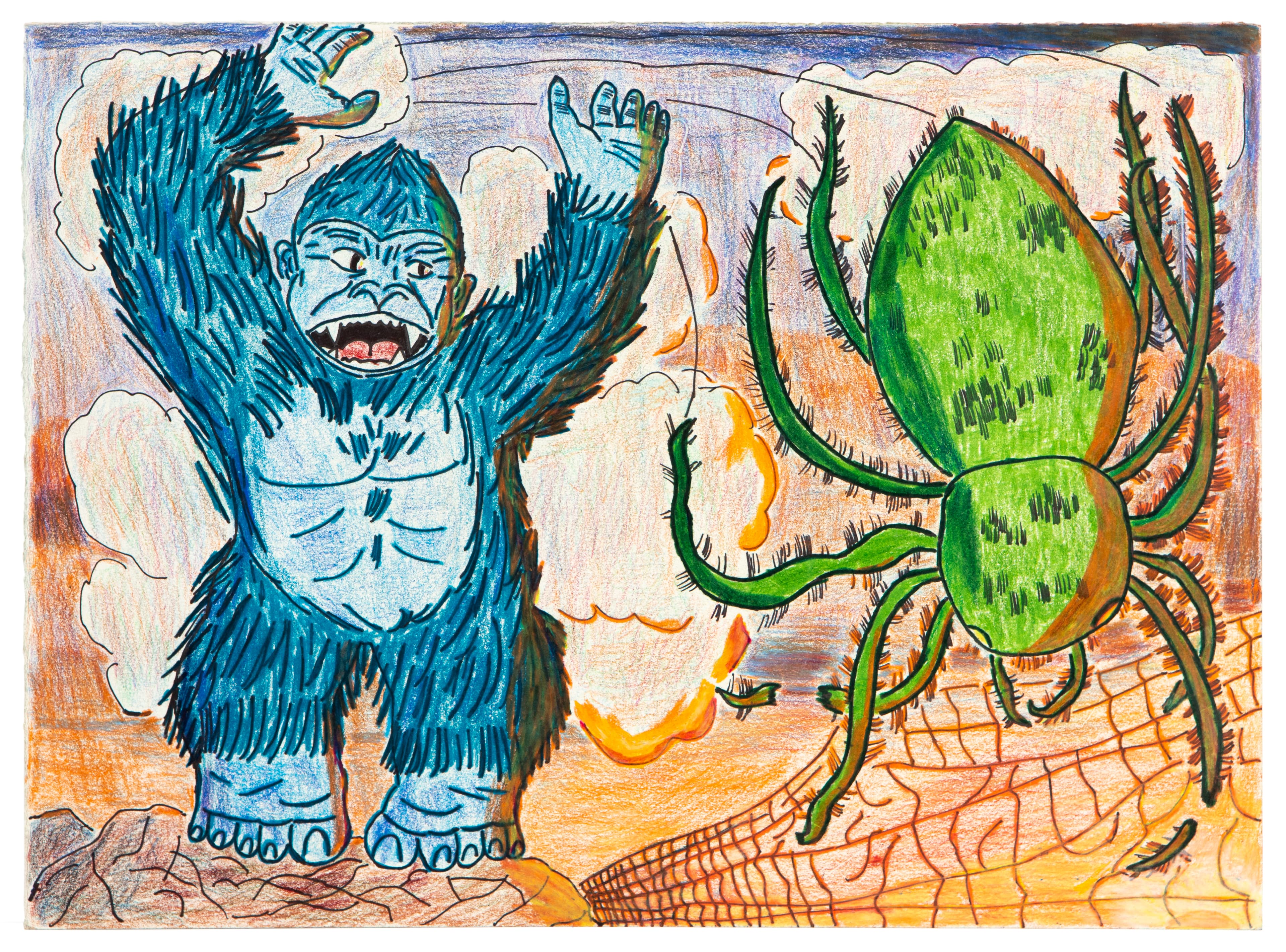 Drawing of blue gorilla with raised arms facing large green spider, colored pencil and marker on paper