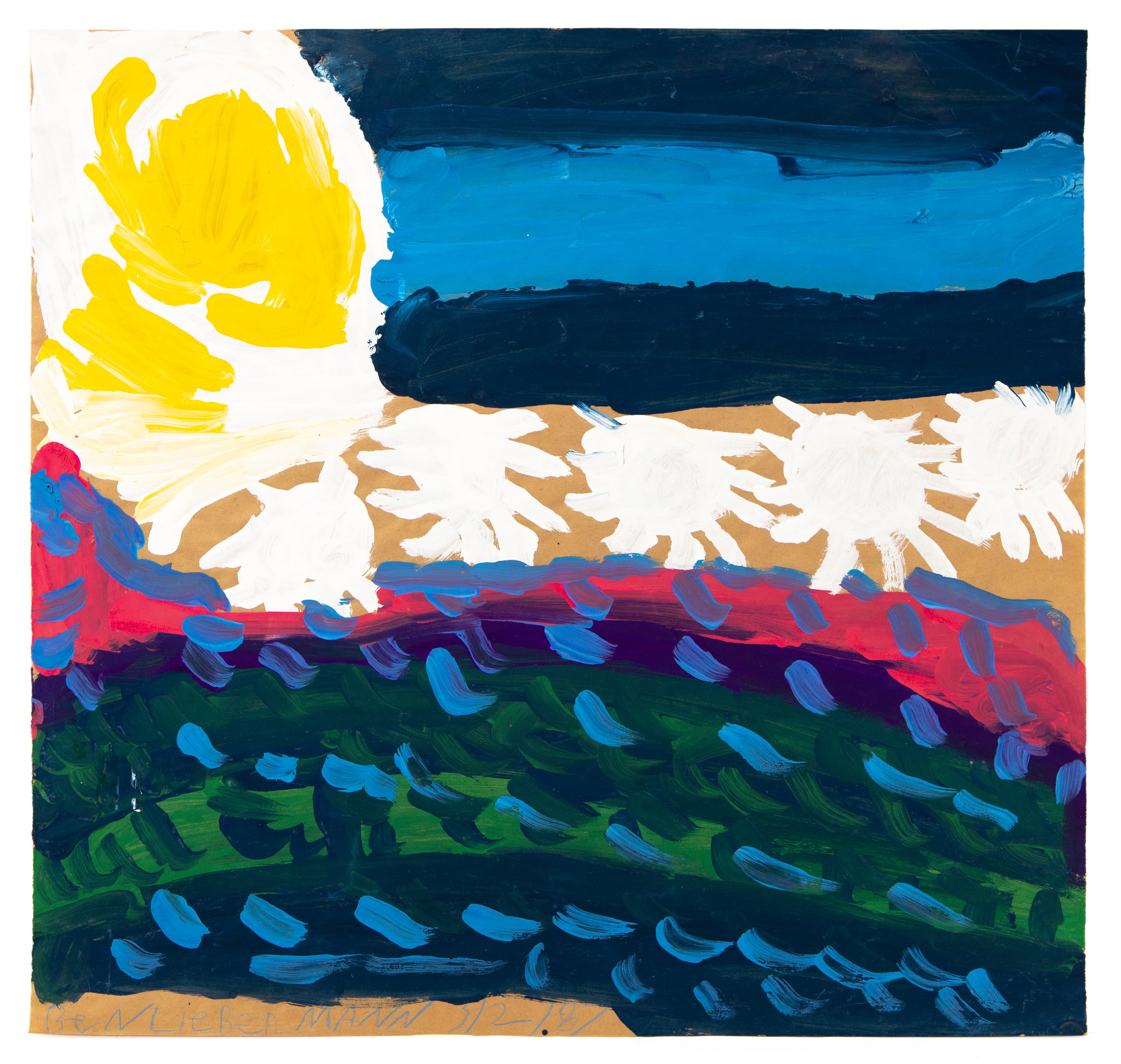 Abstract landscape painting with yellow sun, blue sky, white clouds, and green field with blue dots in acrylic
