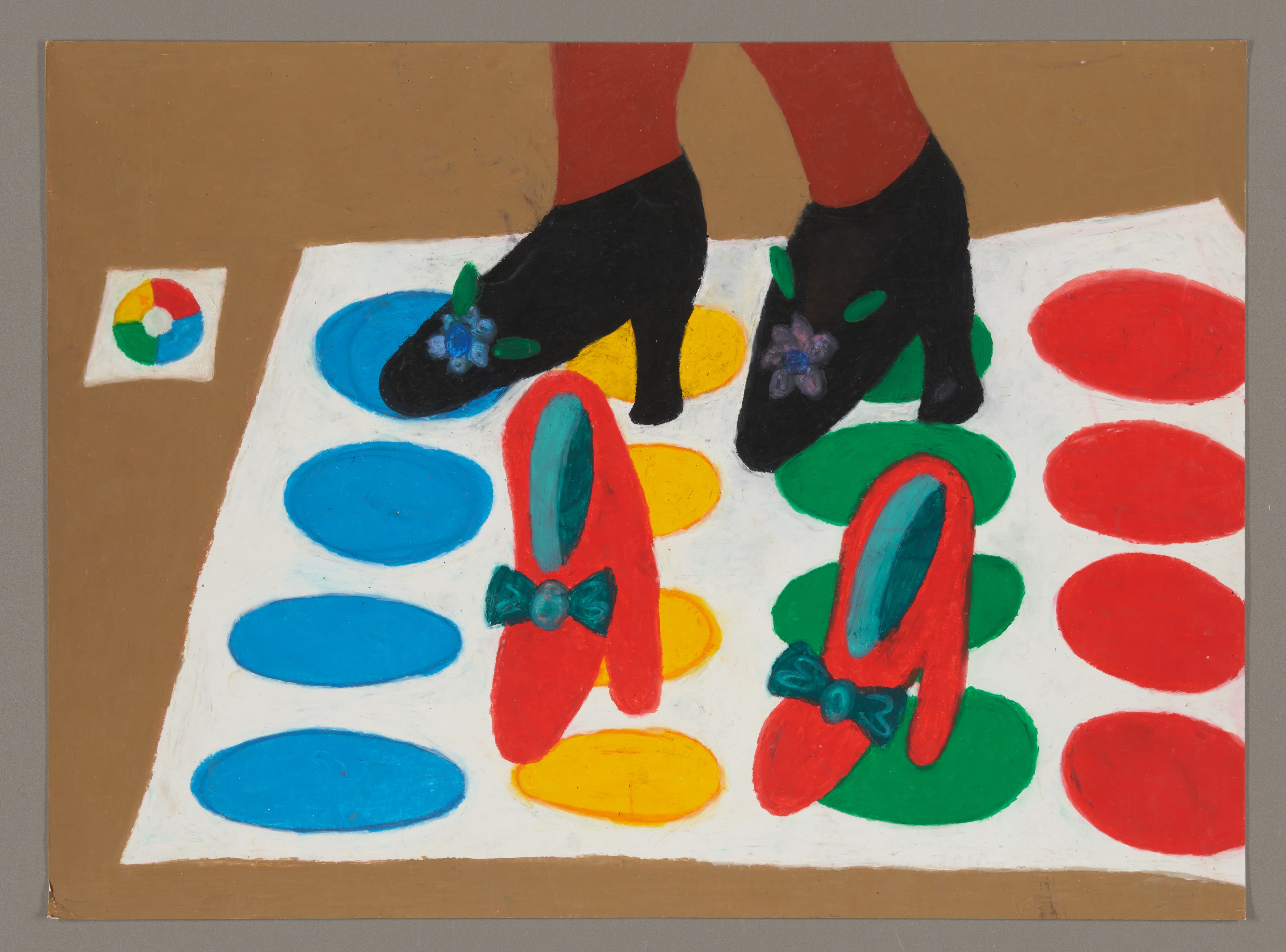 Oil pastel drawing showing feet in black shoes on colorful polka dot mat with red, blue, yellow, and green circles