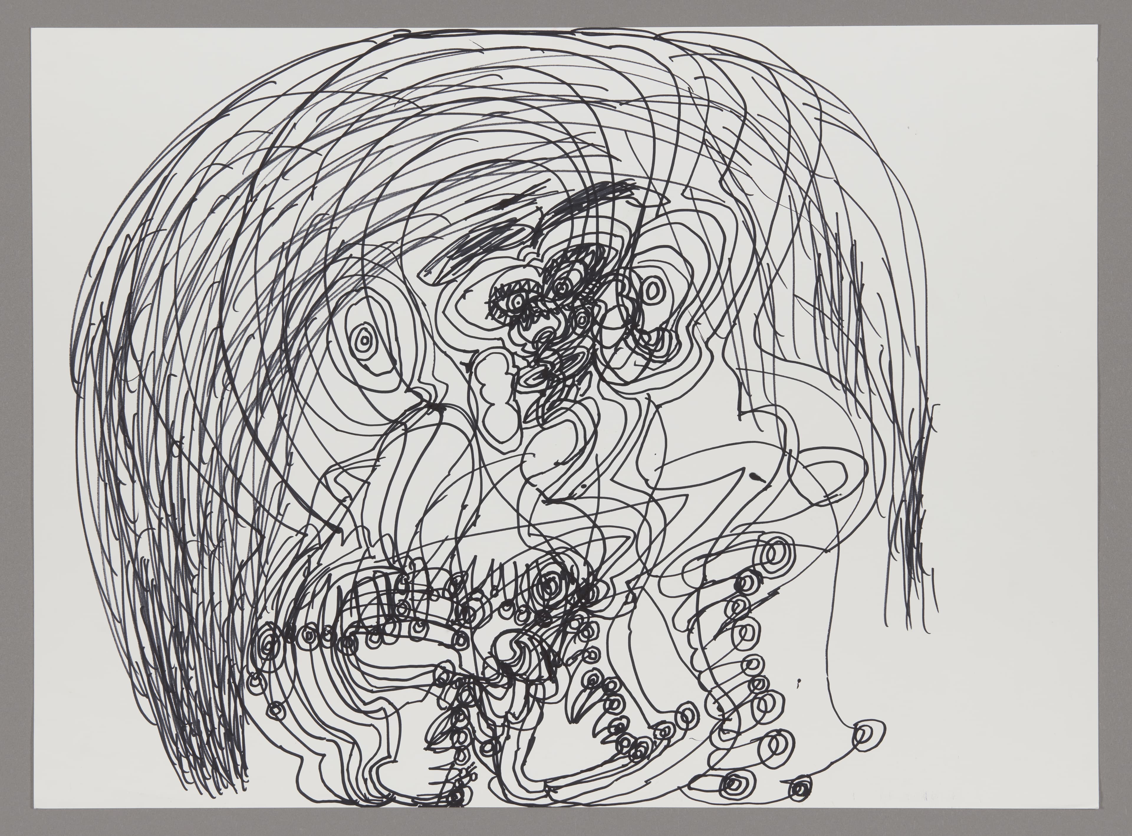 Ink drawing featuring swirling lines and abstract figures with circular spiral elements on white paper