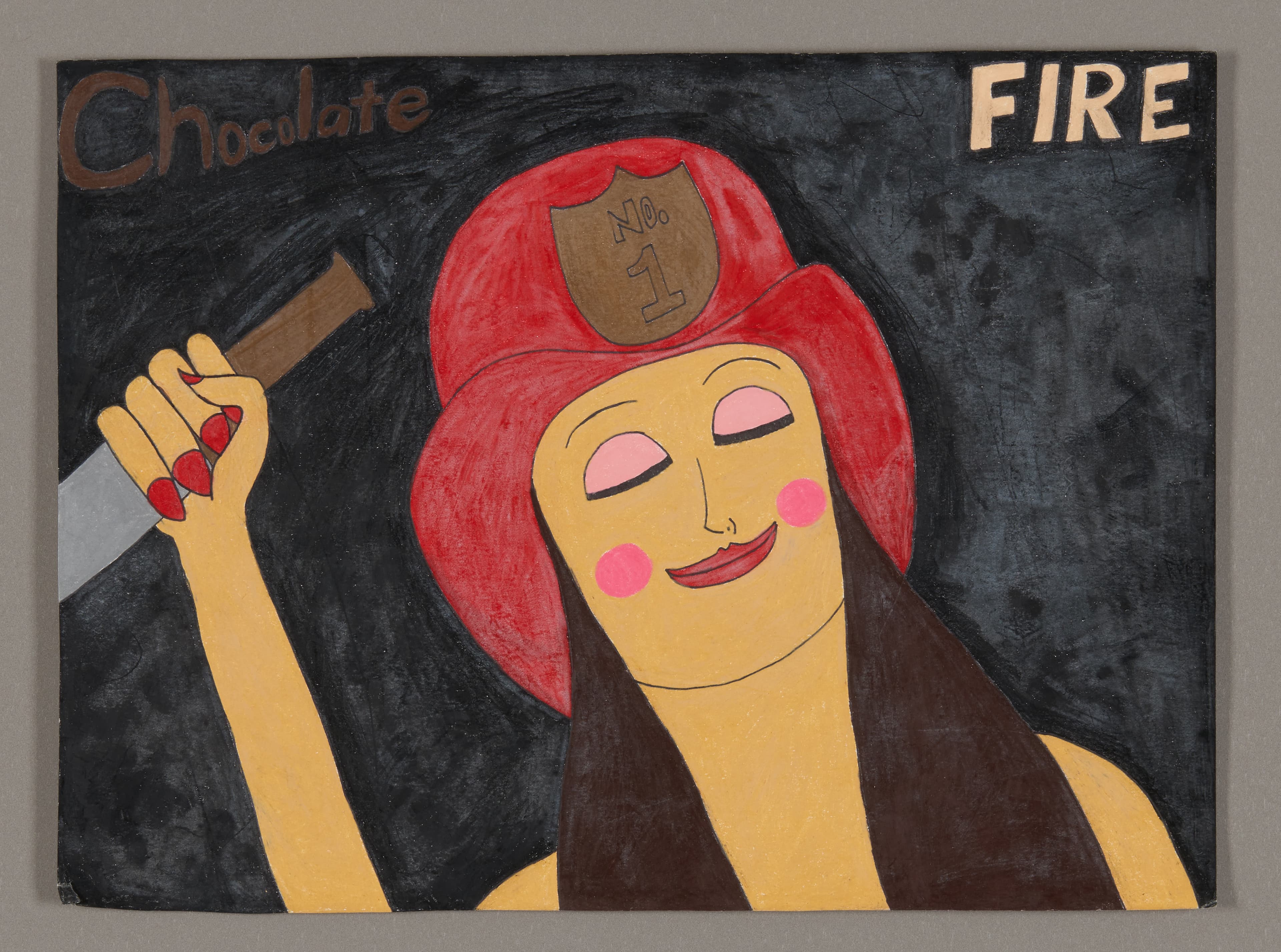 Colored pencil drawing of a figure with red hair and firefighter helmet holding an axe against dark background