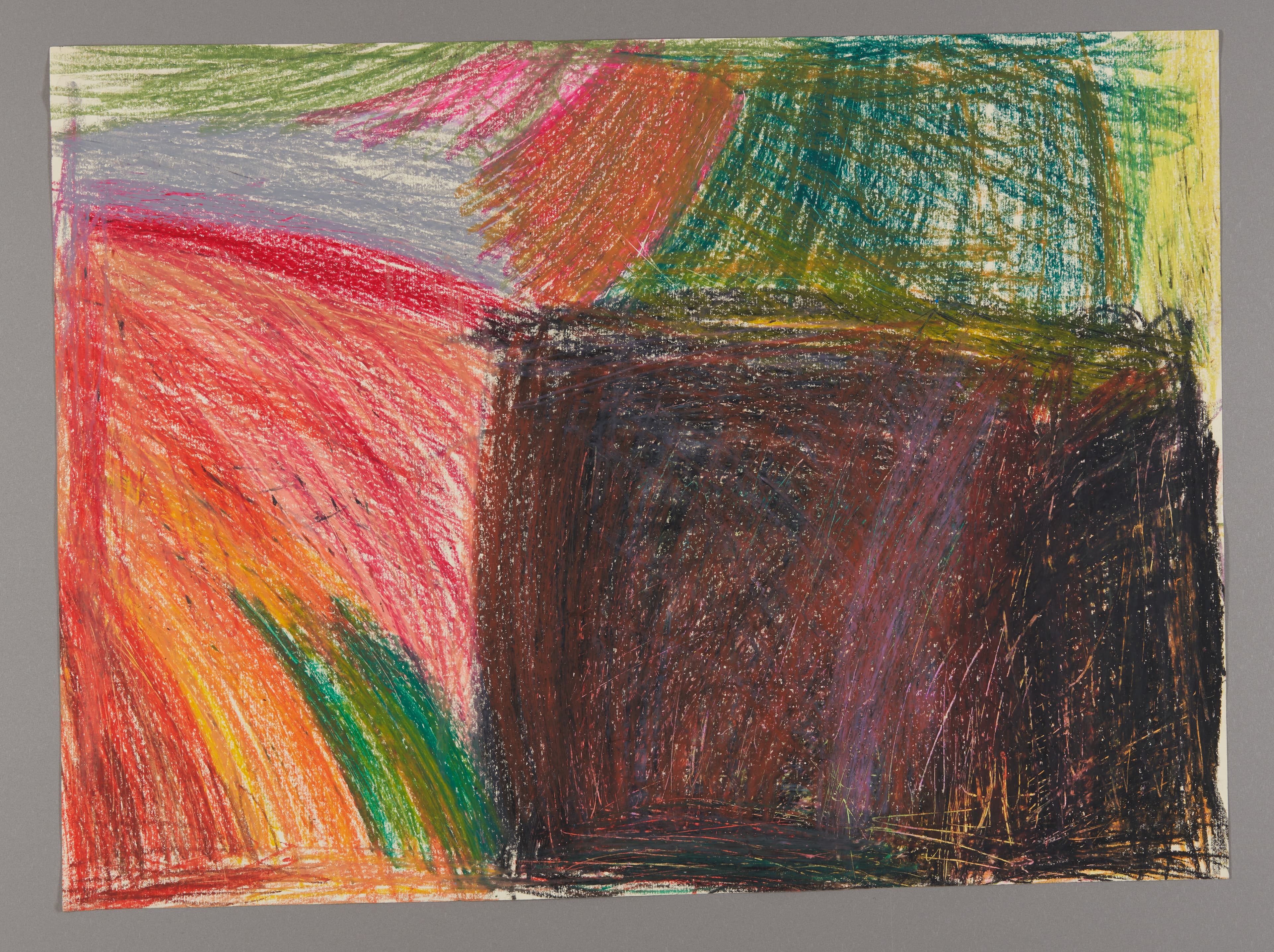 Oil pastel drawing with vibrant diagonal strokes and dark rectangular form on paper