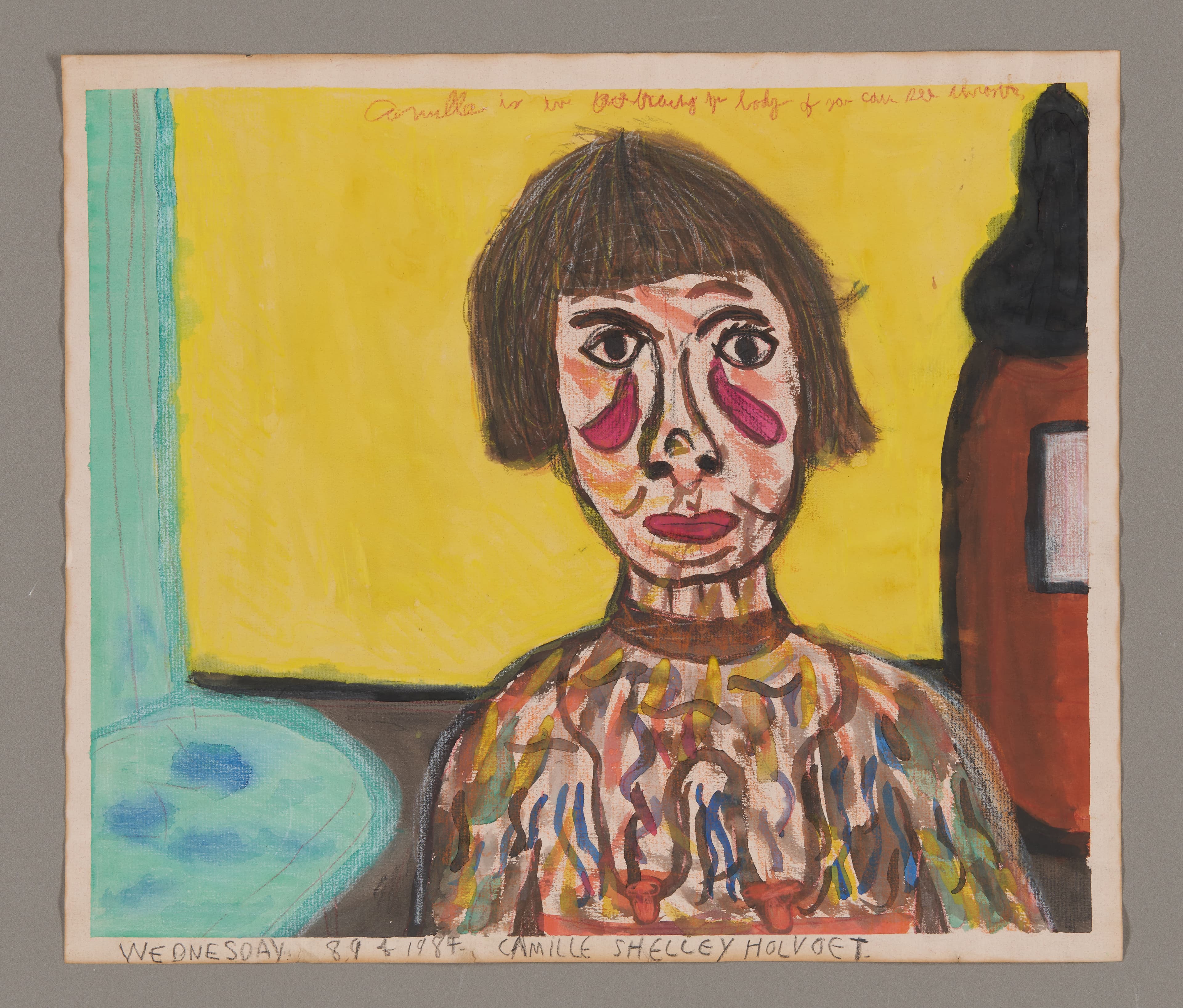 Mixed media portrait of a figure with brown bob haircut against yellow background, watercolor and oil pastel on paper