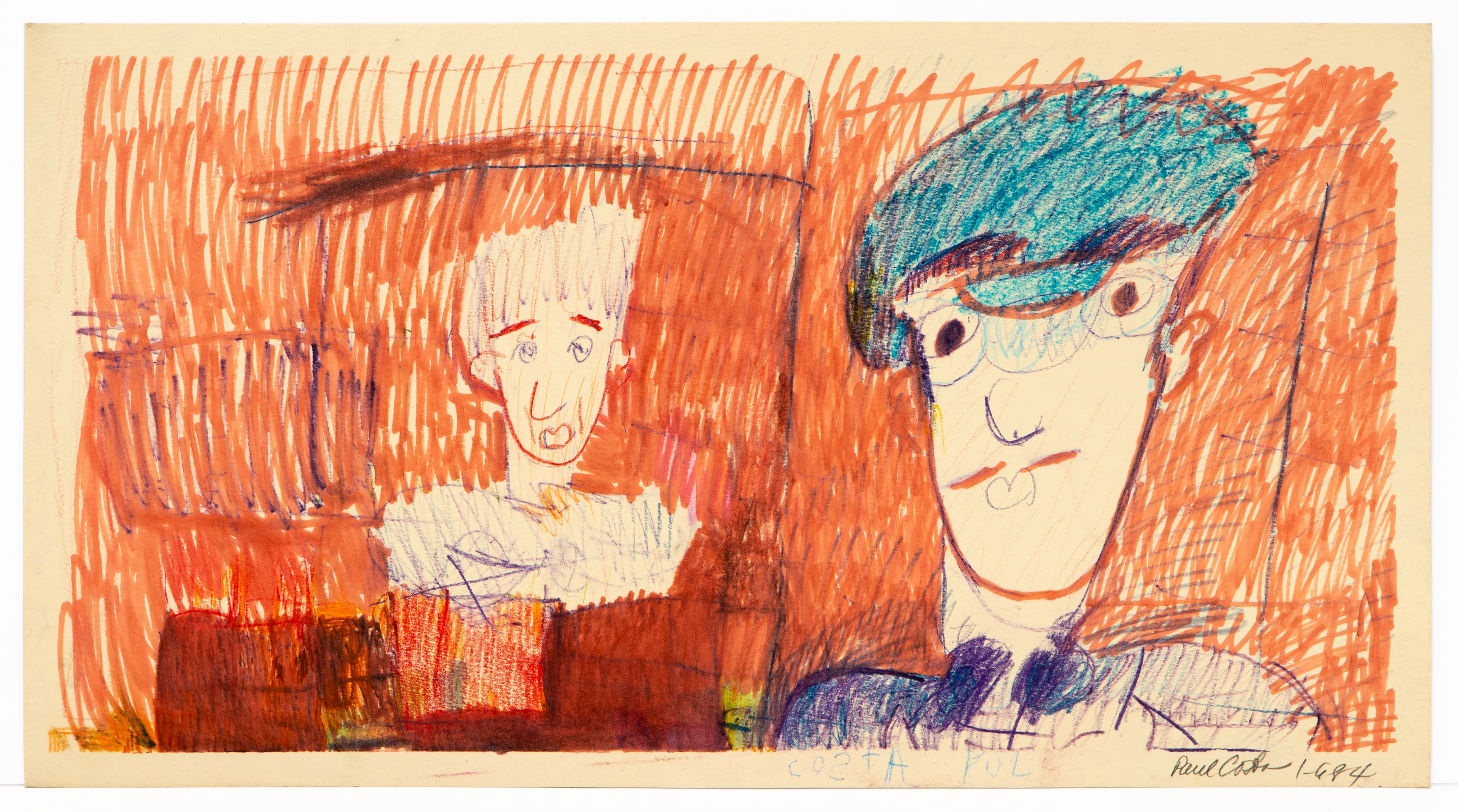 Drawing in colored pencil showing two figures, one with blue hair on right, one smaller figure on left, orange background