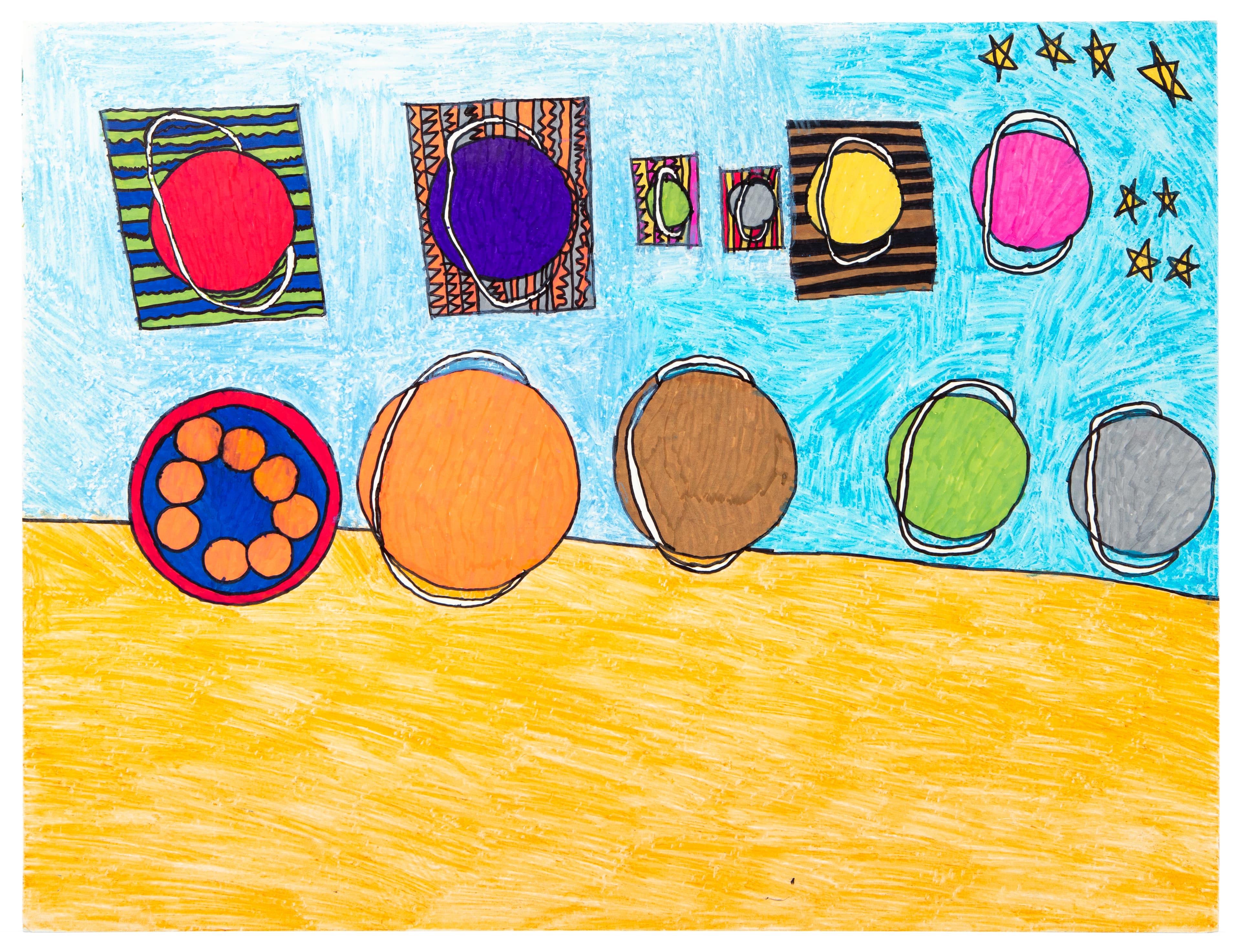 Drawing with colorful circles and rectangles arranged in rows against blue and yellow background, colored pencil and ink