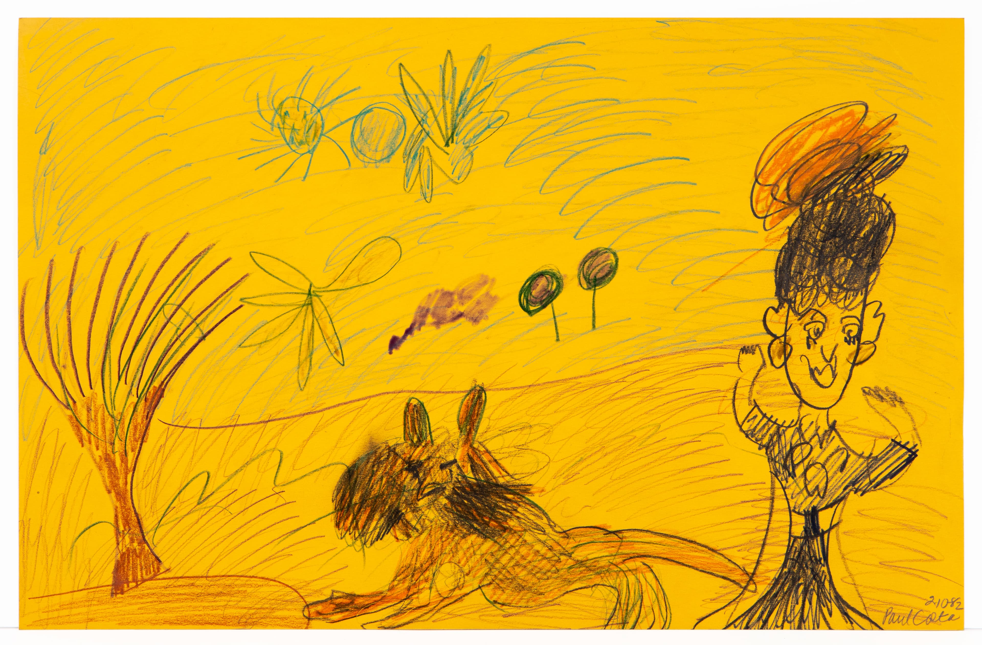 Drawing in pencil on yellow paper showing a figure, dog, and tree with various small objects scattered throughout