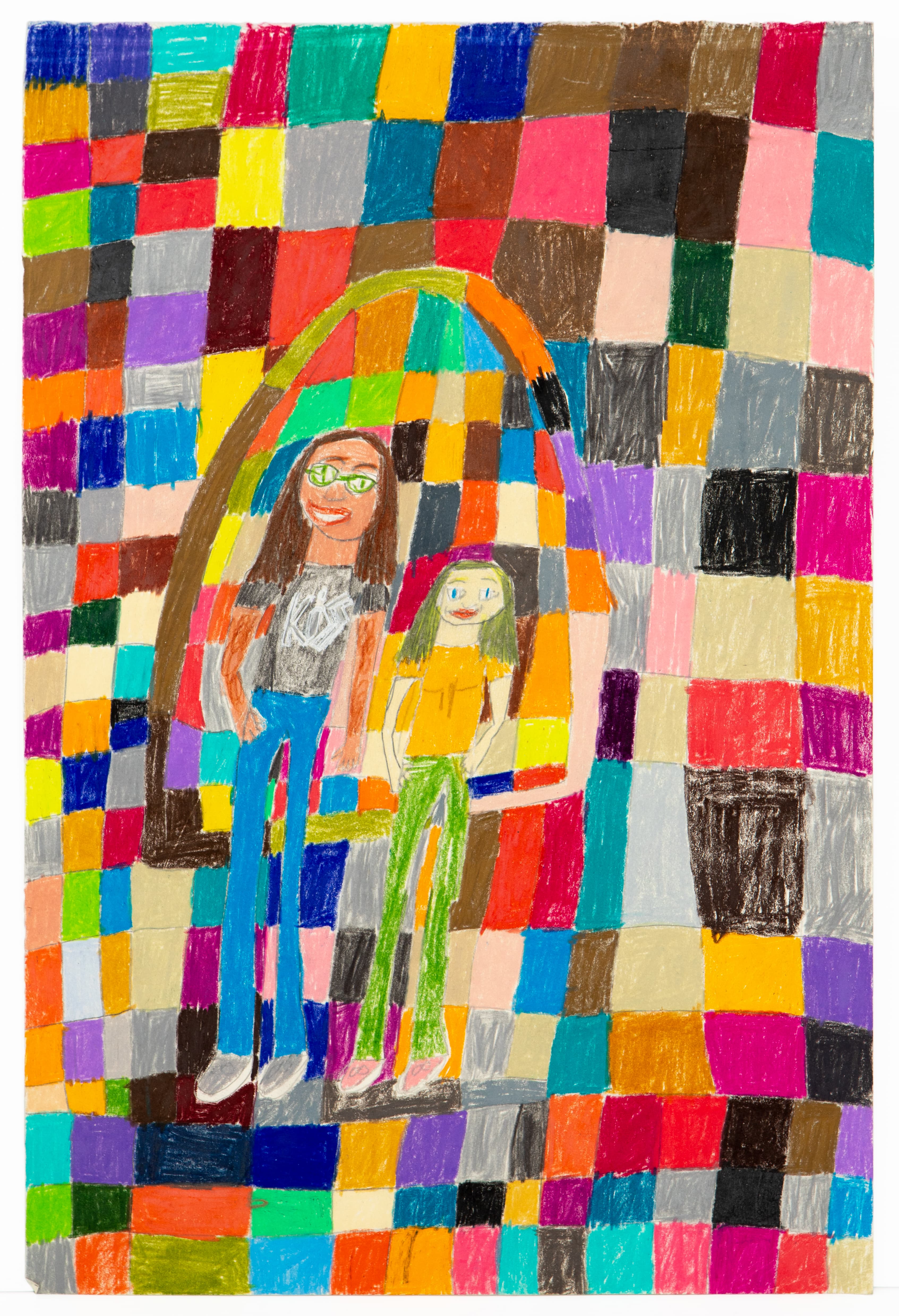 Colored pencil drawing of two figures under a rainbow arch surrounded by multicolored checkerboard pattern
