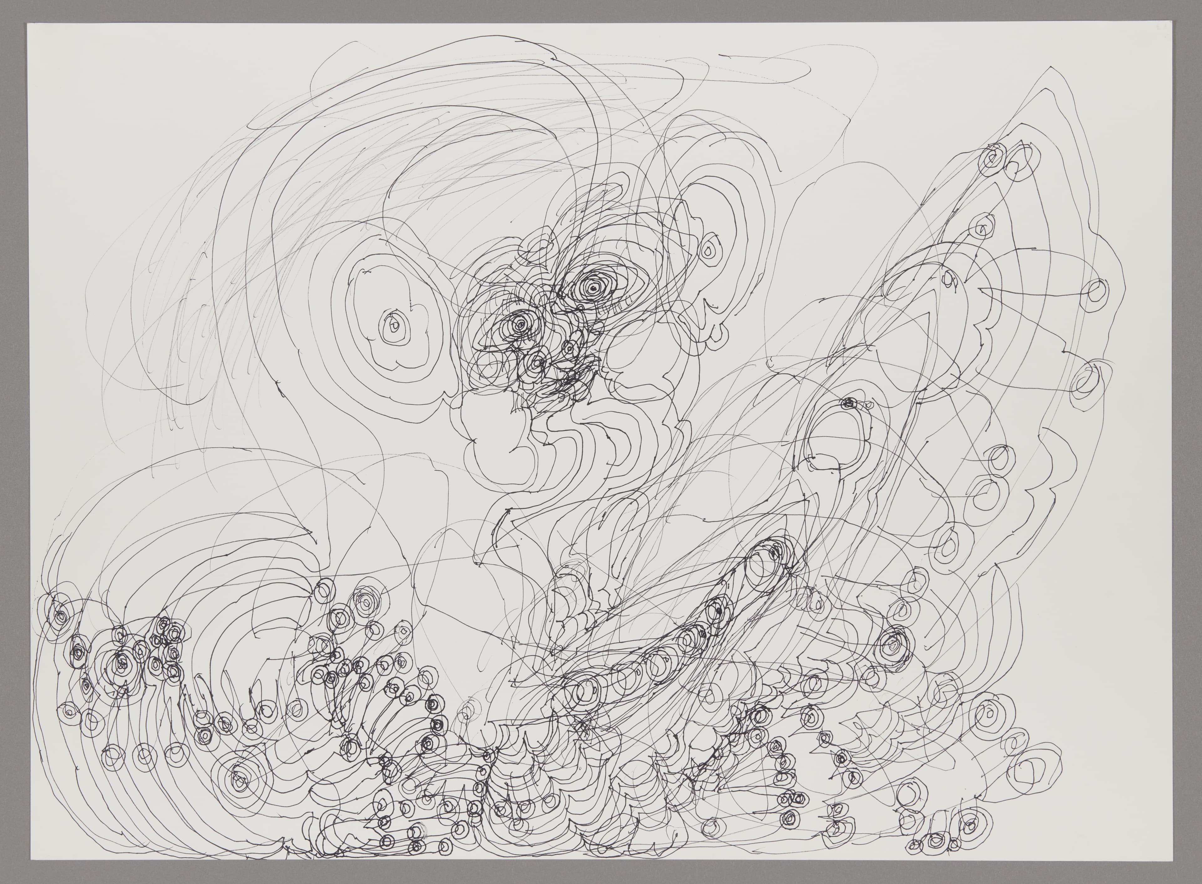 Abstract ink drawing with flowing spiral forms and circular patterns on white paper