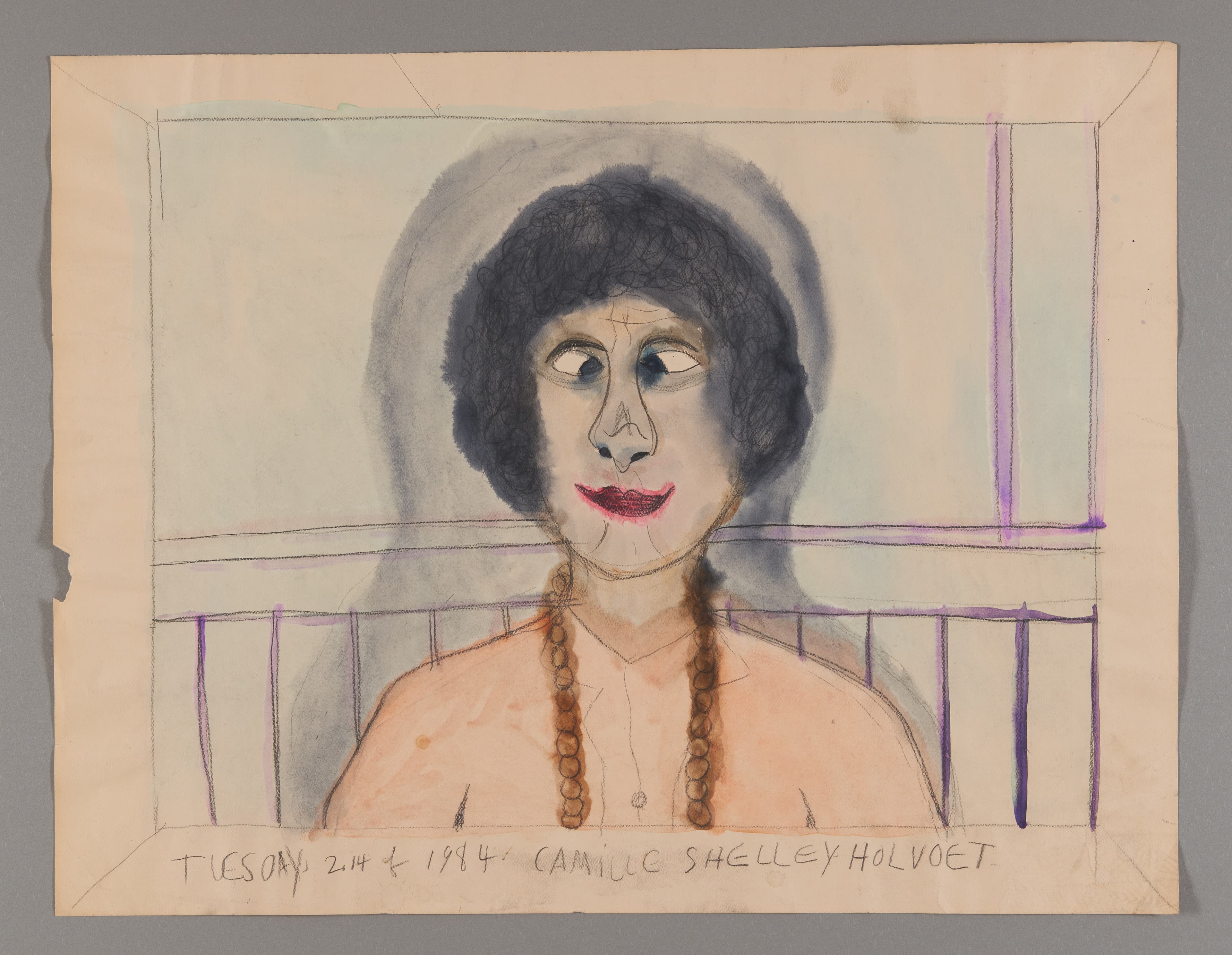 Watercolor and graphite portrait of a figure with dark curly hair and braided necklaces, seated indoors