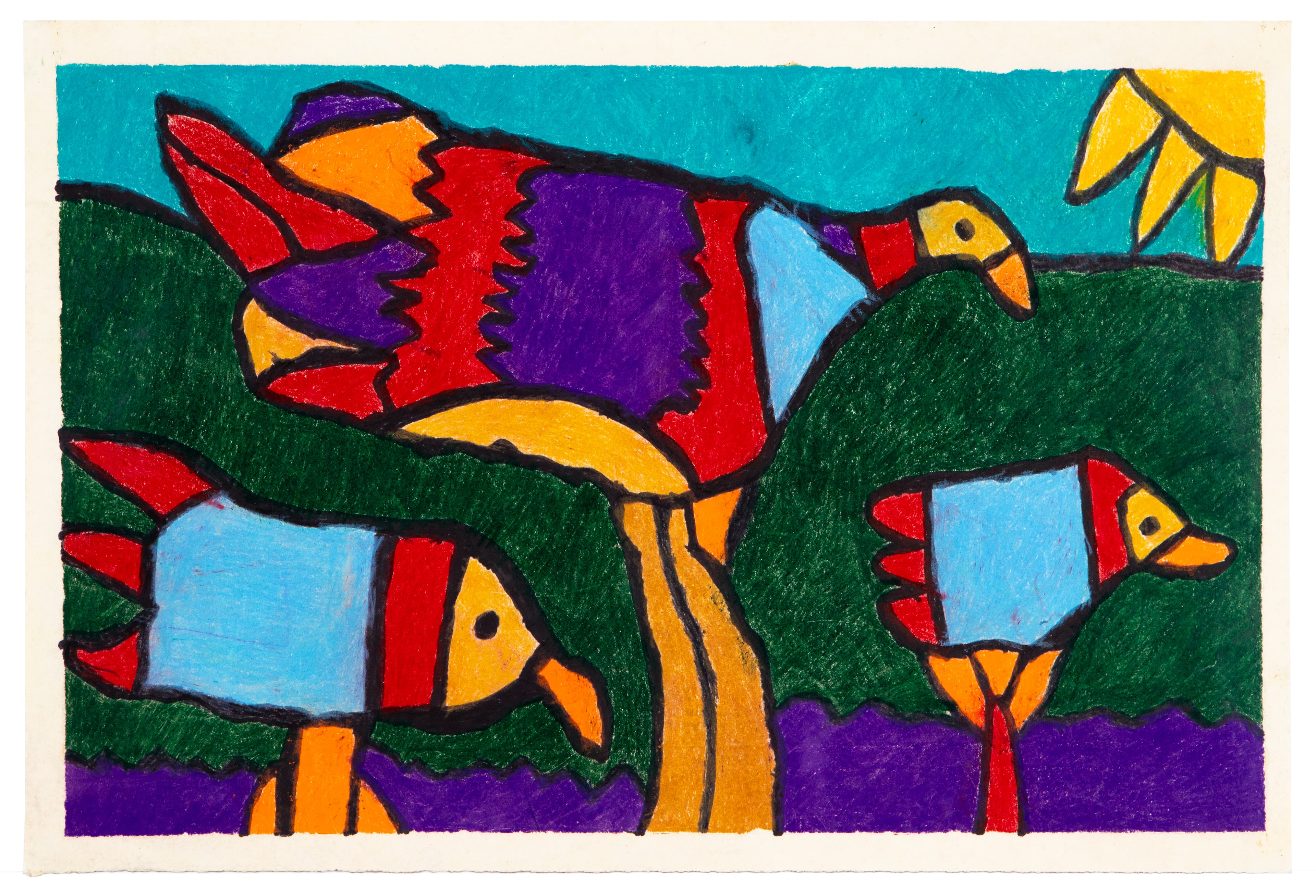 Pastel drawing of colorful stylized birds with bold geometric forms in red, purple, green, and yellow