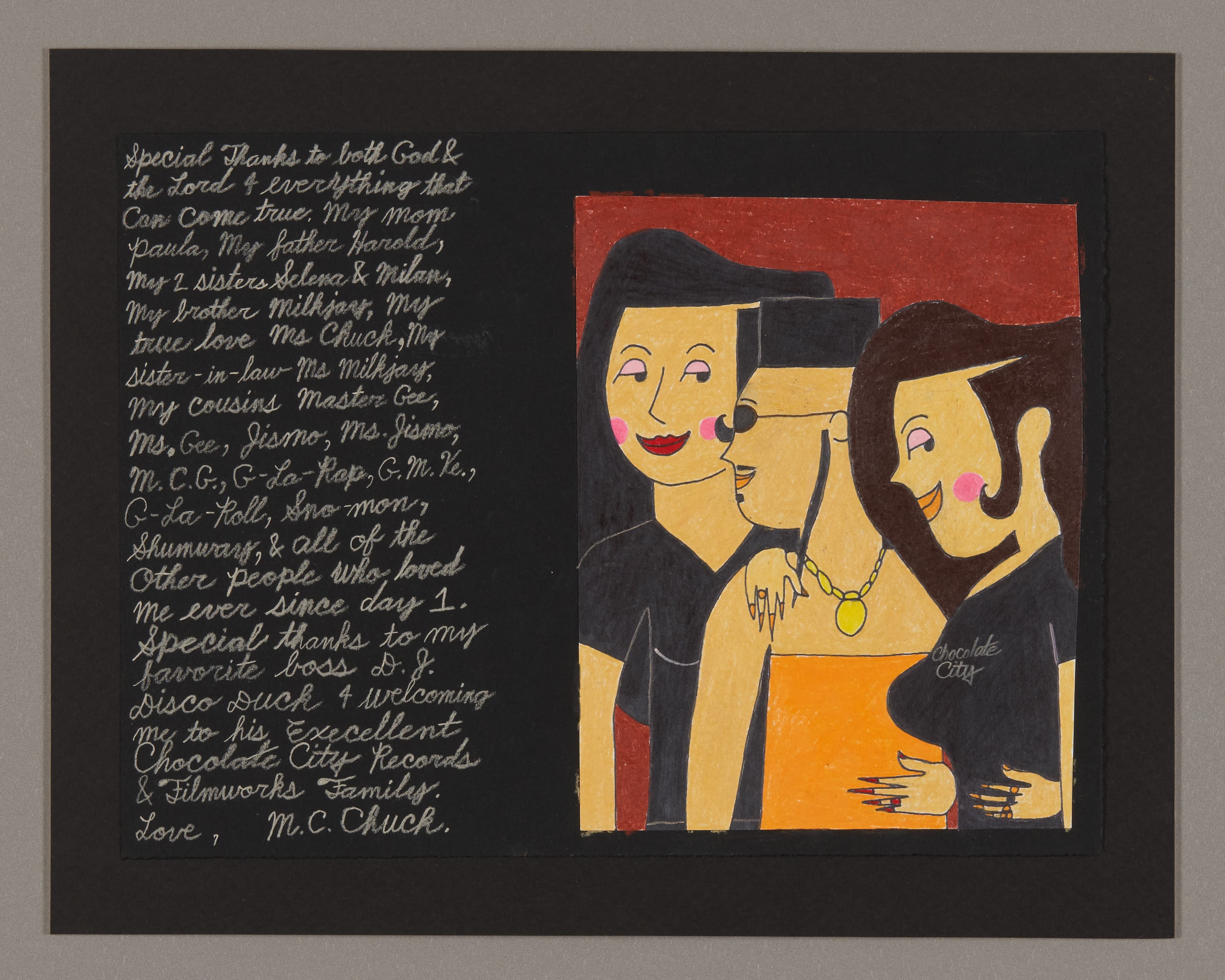 Drawing of three figures with handwritten text on black paper, done in colored pencil and ink