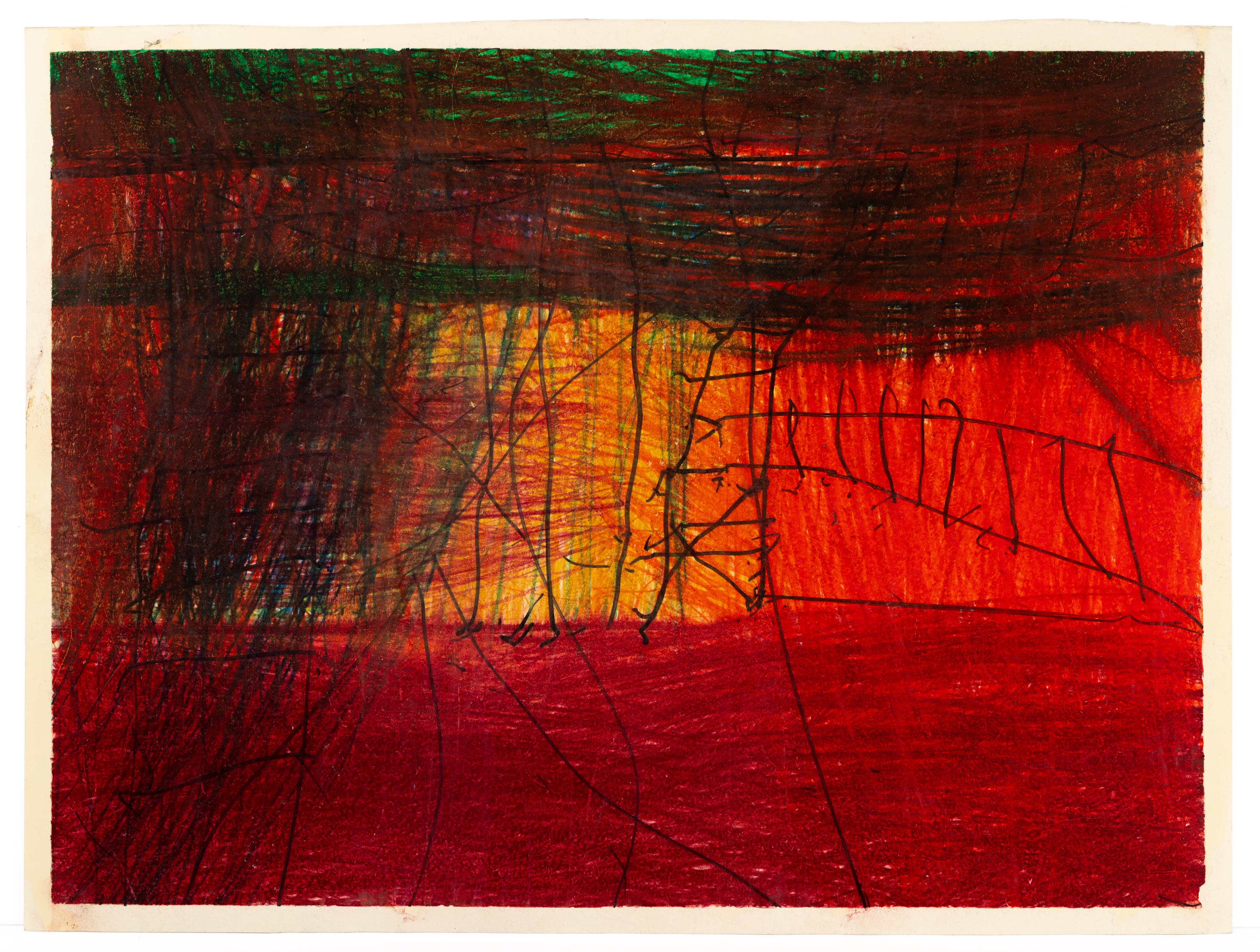 Abstract drawing with dense black linear marks over red and orange colored areas, creating layered textures