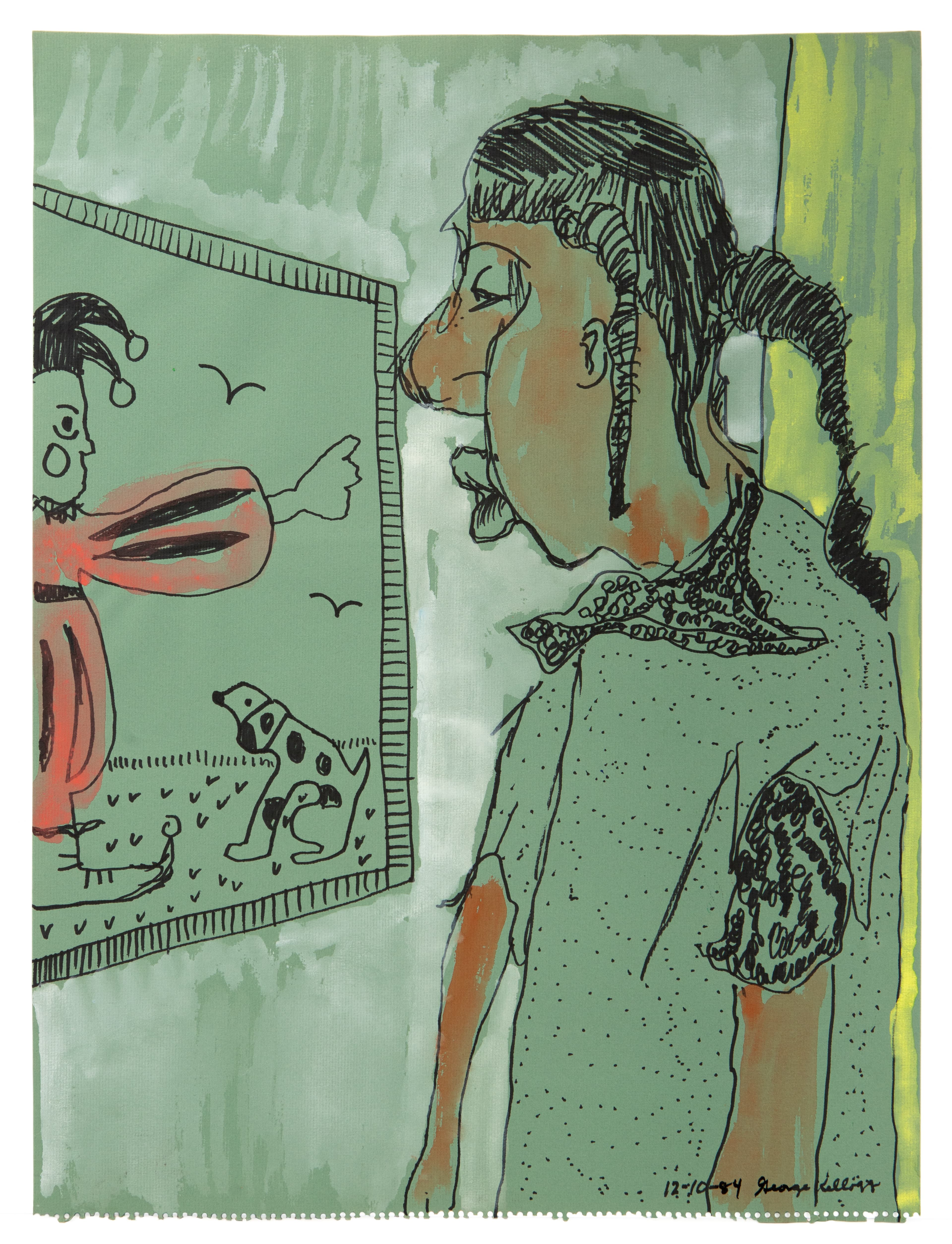 Ink and watercolor drawing of a figure with long dark hair viewing a framed artwork on a wall, green and yellow palette