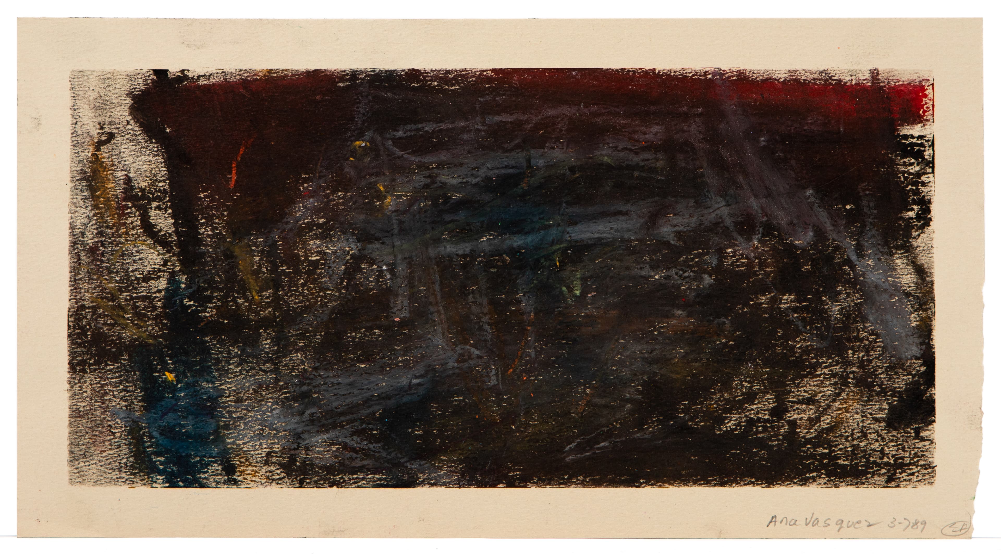 Abstract print with dark gestural marks, red band across top, and blue accent on cream paper