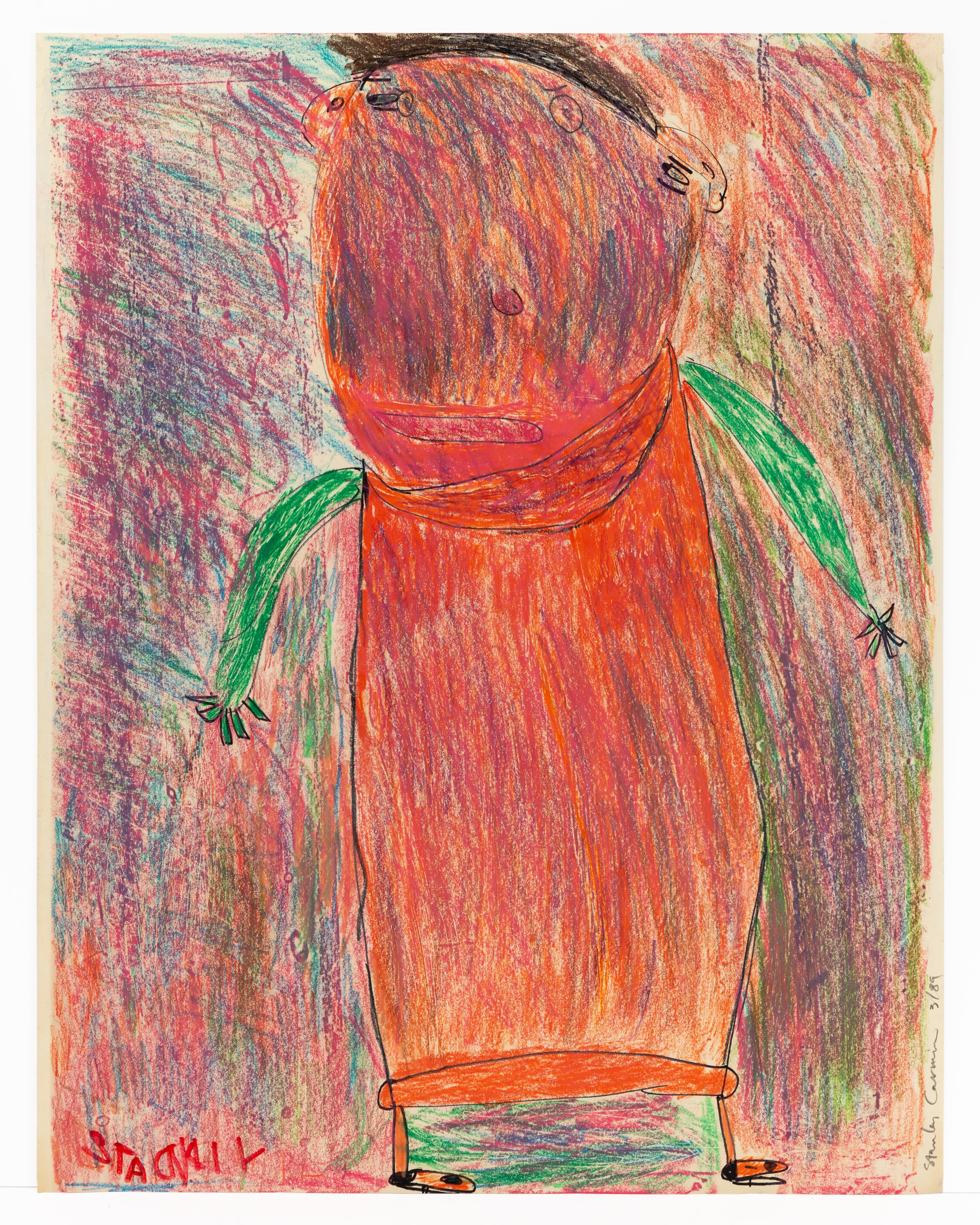 Colored pencil drawing of a figure in red dress with green sleeves and dark hair on multicolored background
