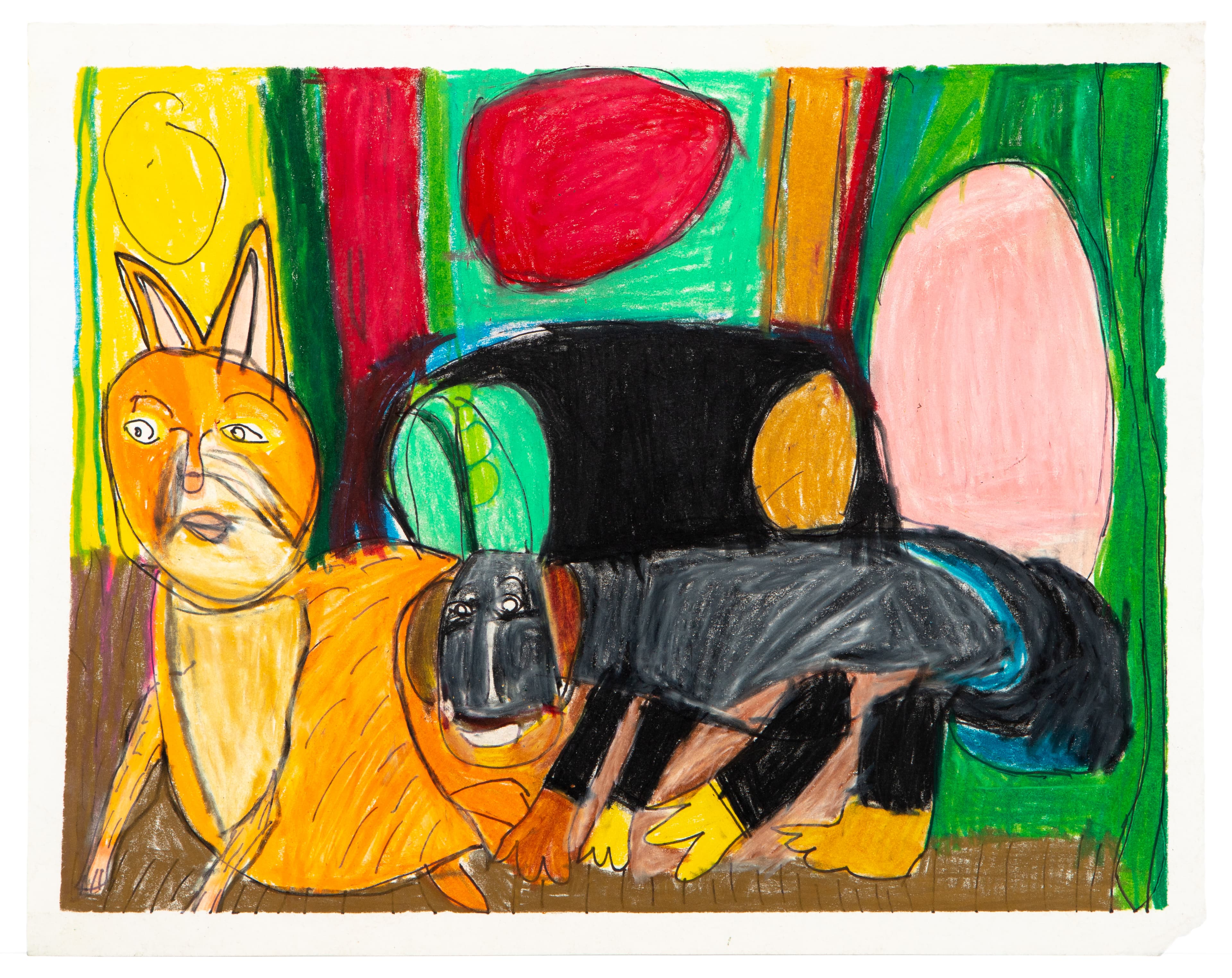 Colored pencil drawing featuring an orange cat-like figure and black dog on colorful geometric background