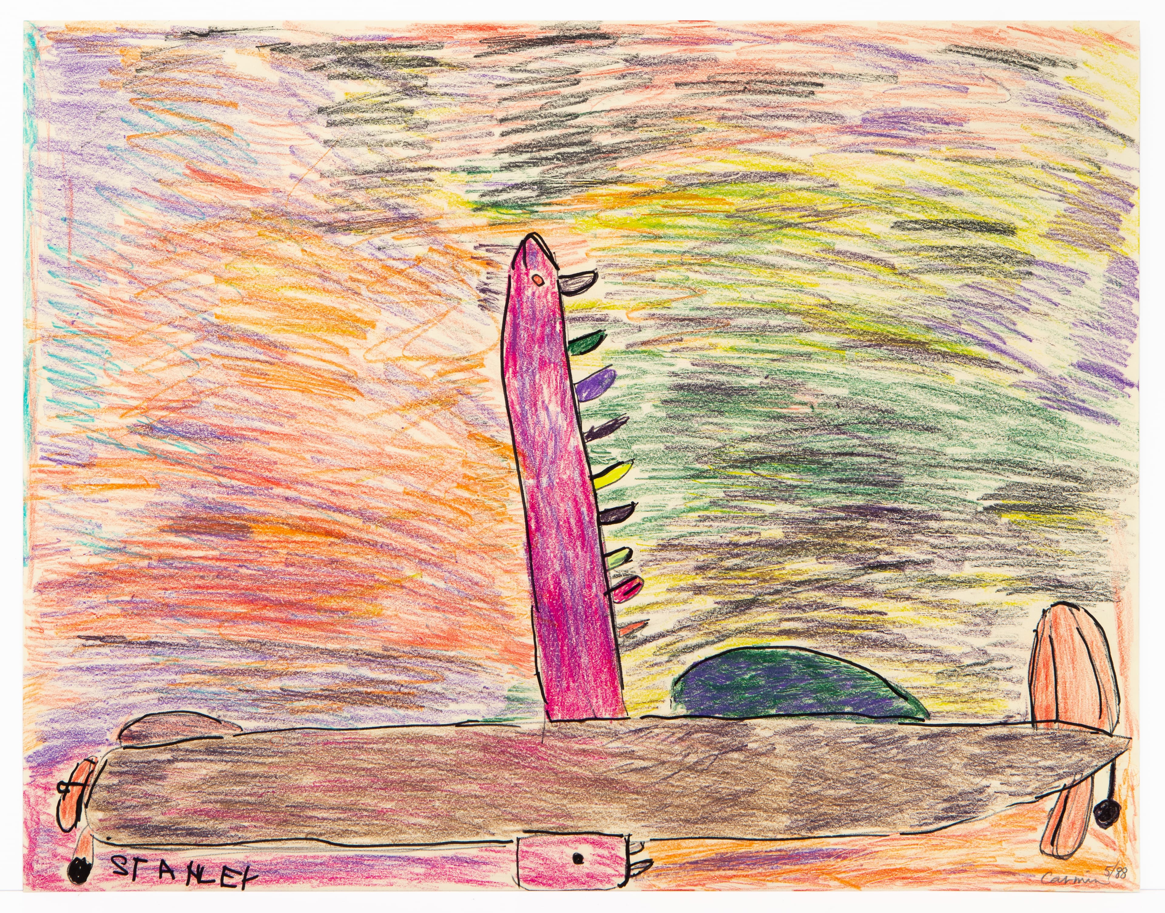 Colored pencil drawing of pink elongated form with spikes on brown ground against swirling multicolored background