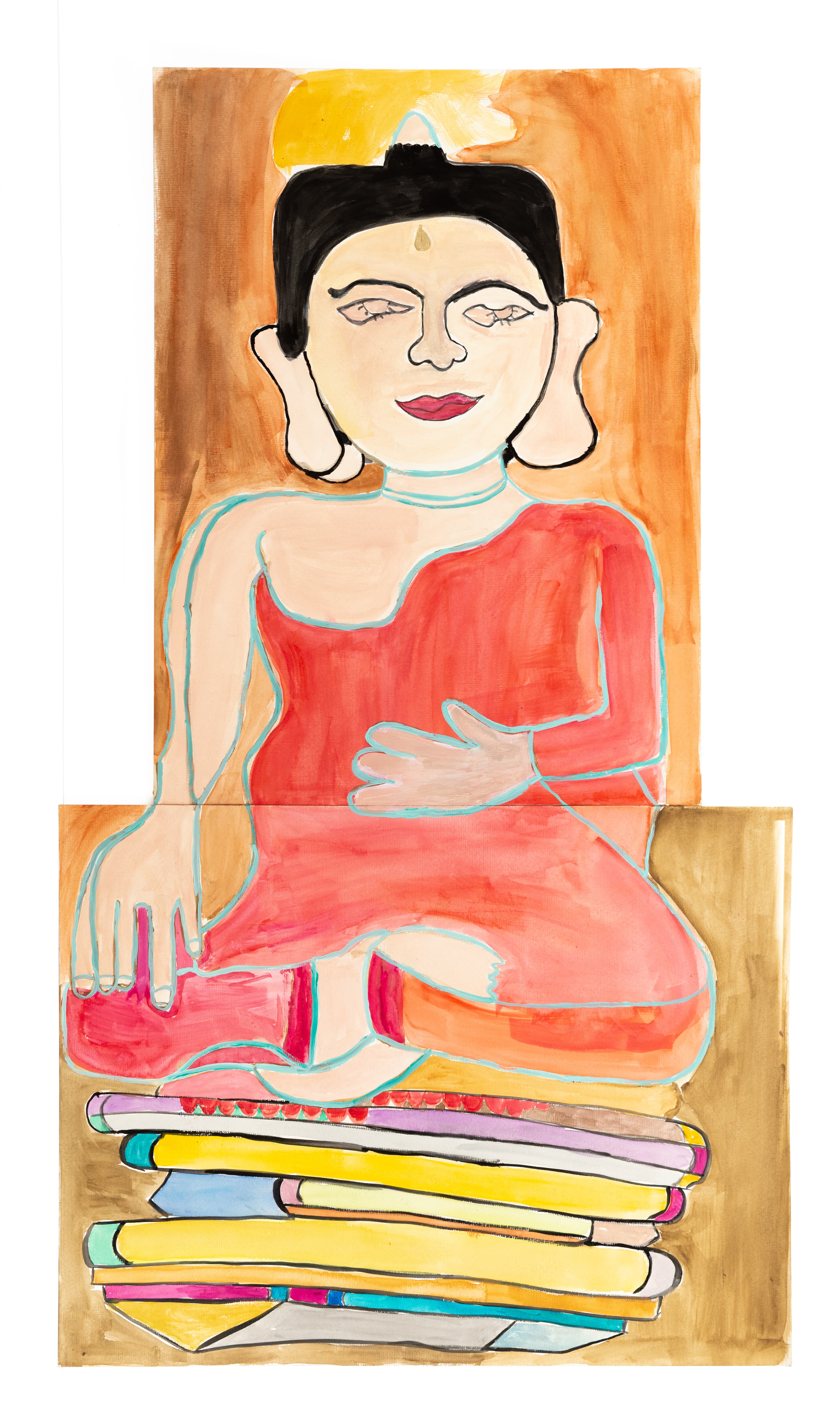 Colored pencil drawing of a seated figure in red robes on stack of colorful books against orange background