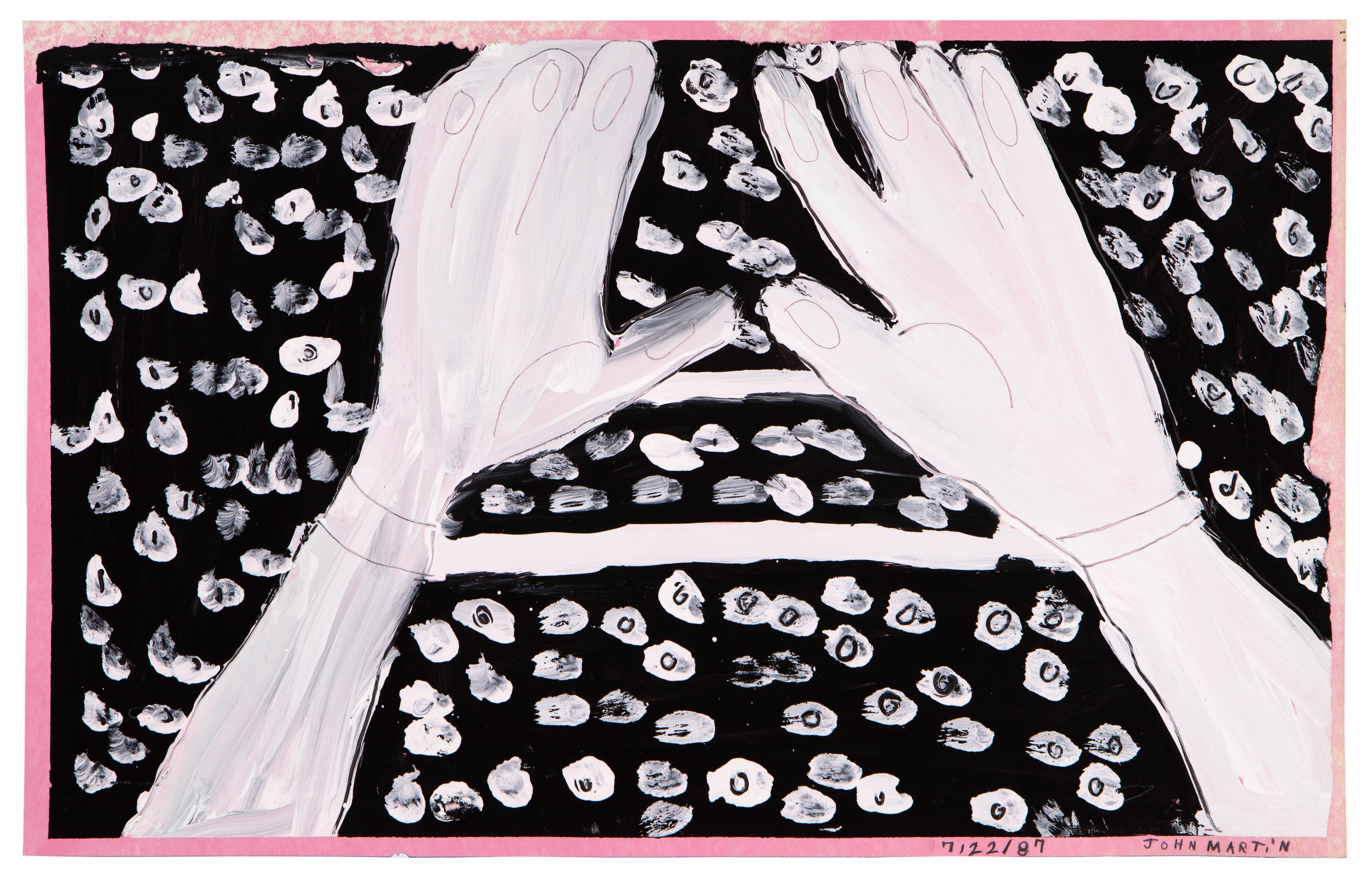 Painting of two pale hands forming triangle shape against black background with white skull-like forms, pink border