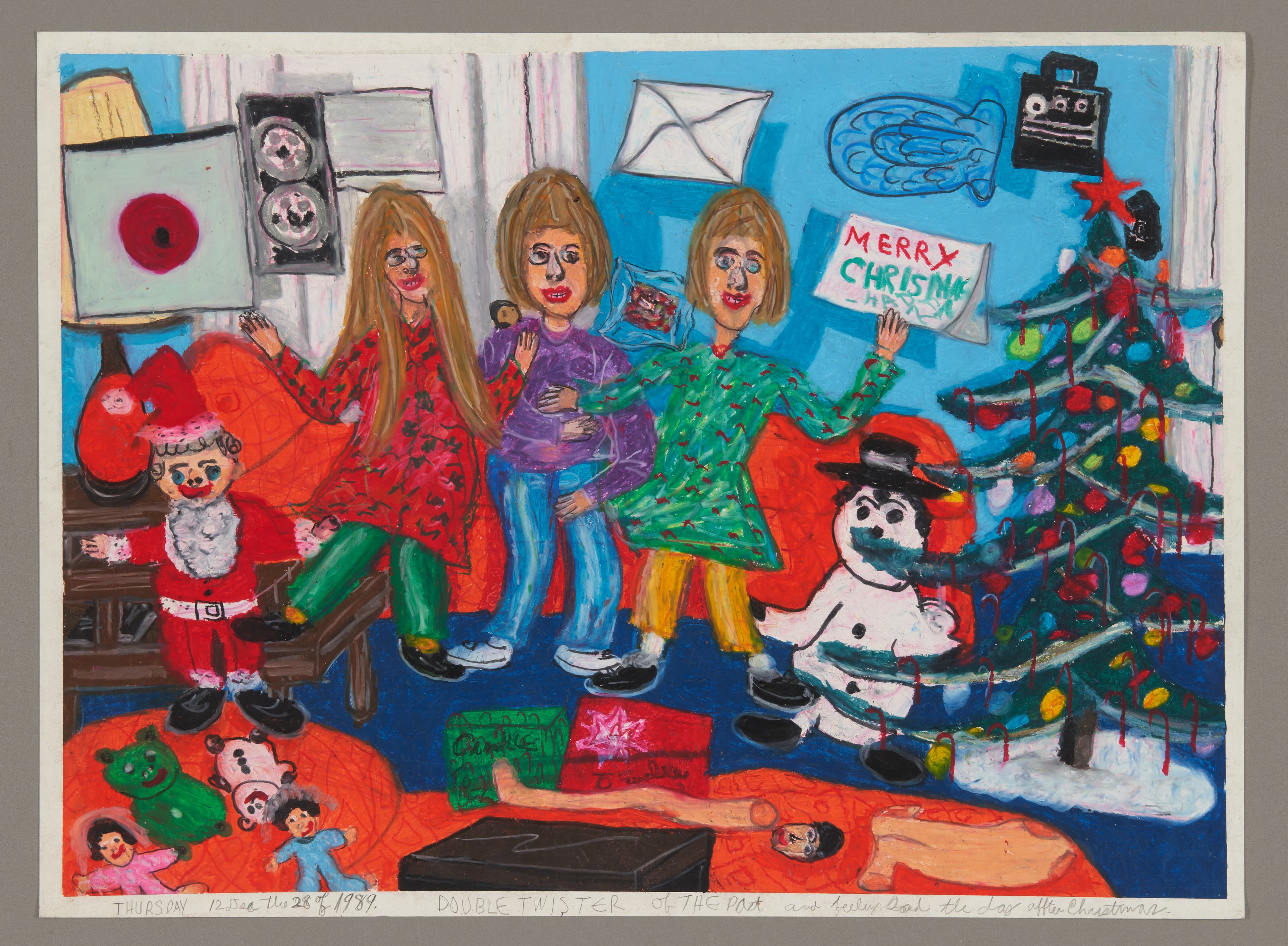 Oil pastel drawing of Christmas scene with three figures on red couch, Christmas tree, and Santa figure