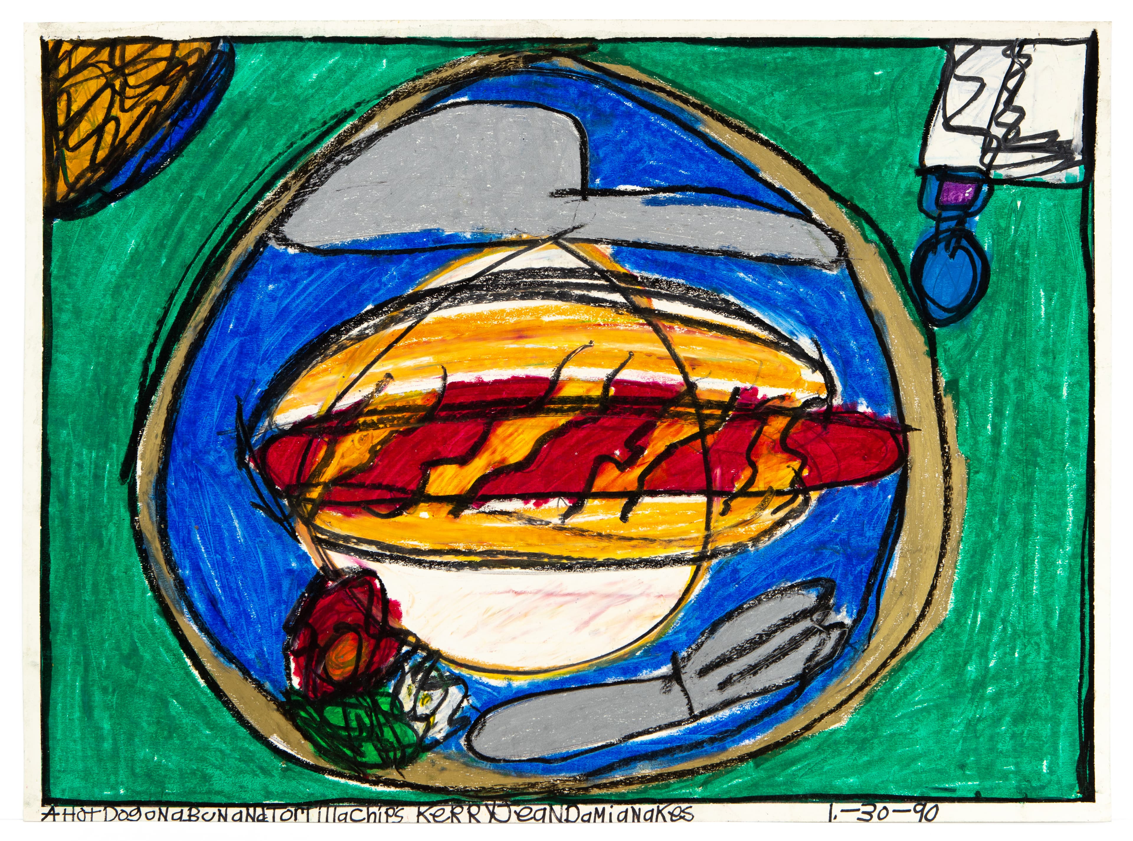 Mixed media drawing of hot dog with condiments on blue plate, surrounded by green background