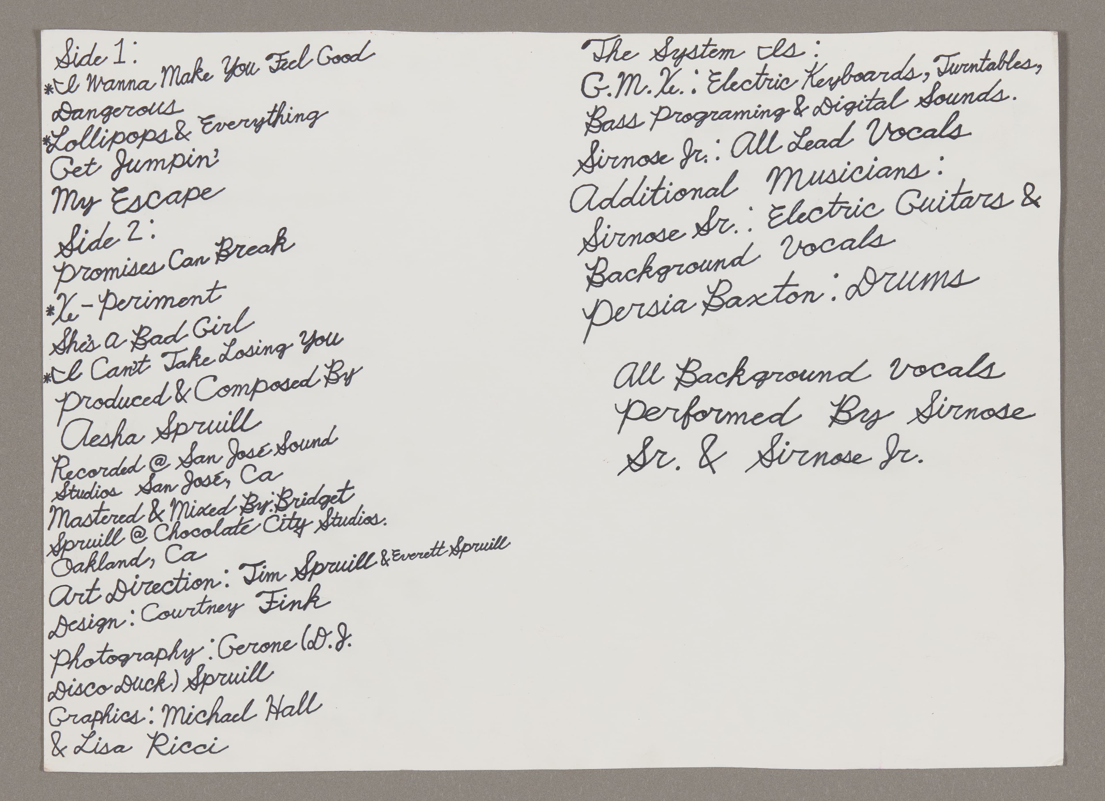Handwritten album credits on white paper with black ink, listing song titles and production details