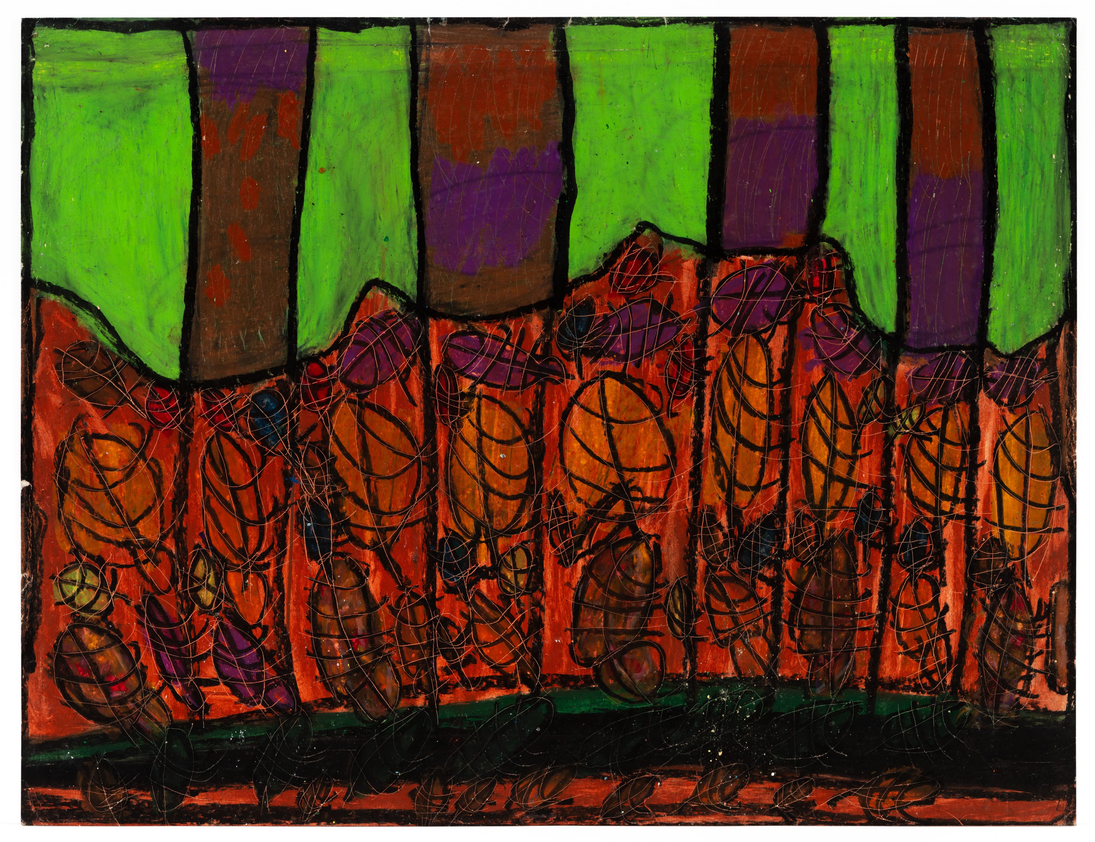 Abstract pastel drawing with vertical green tree forms above orange ground with black circular scribbles