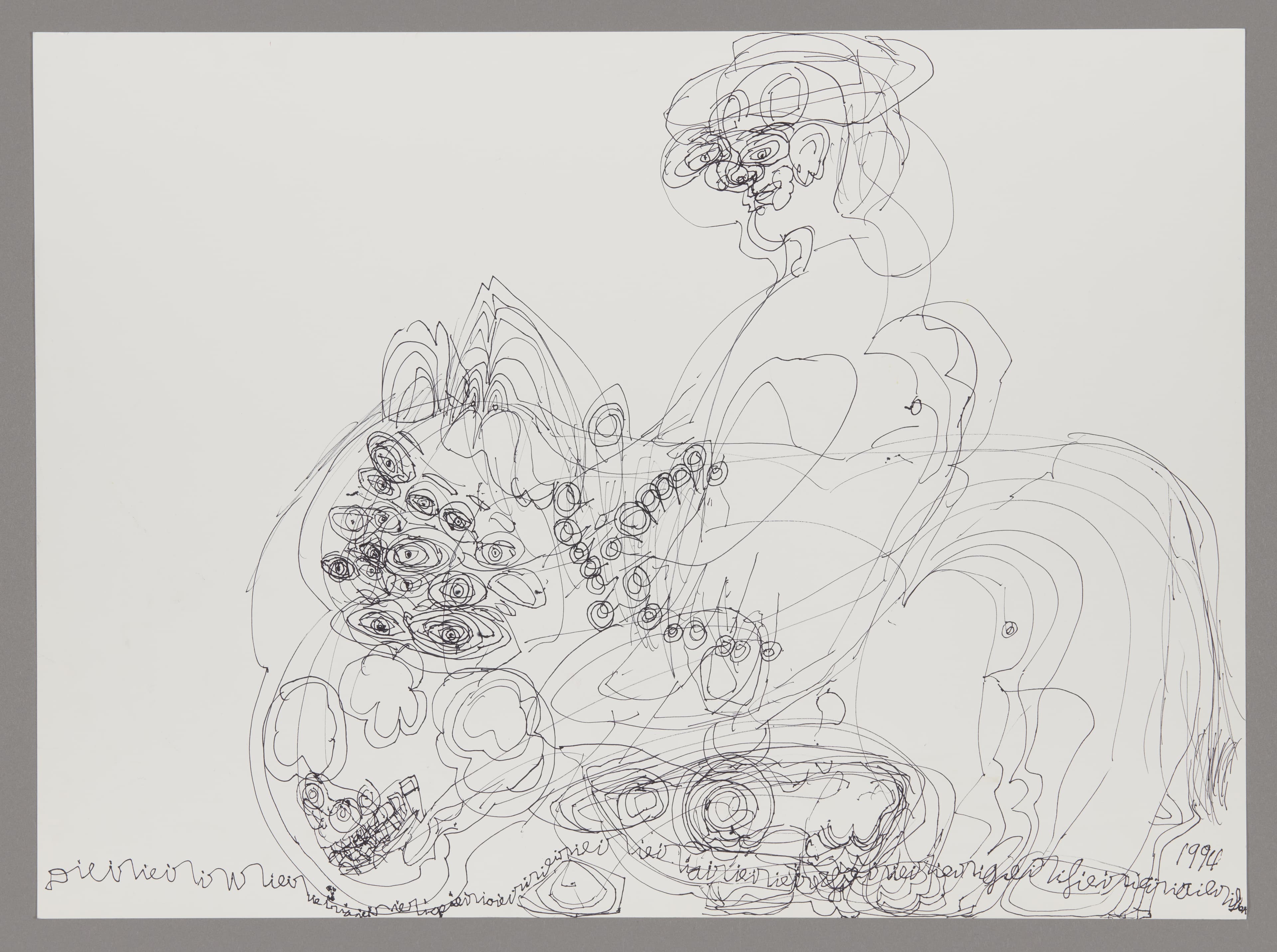 Ink drawing on paper depicting fantastical creatures and organic forms with intricate linework and decorative patterns