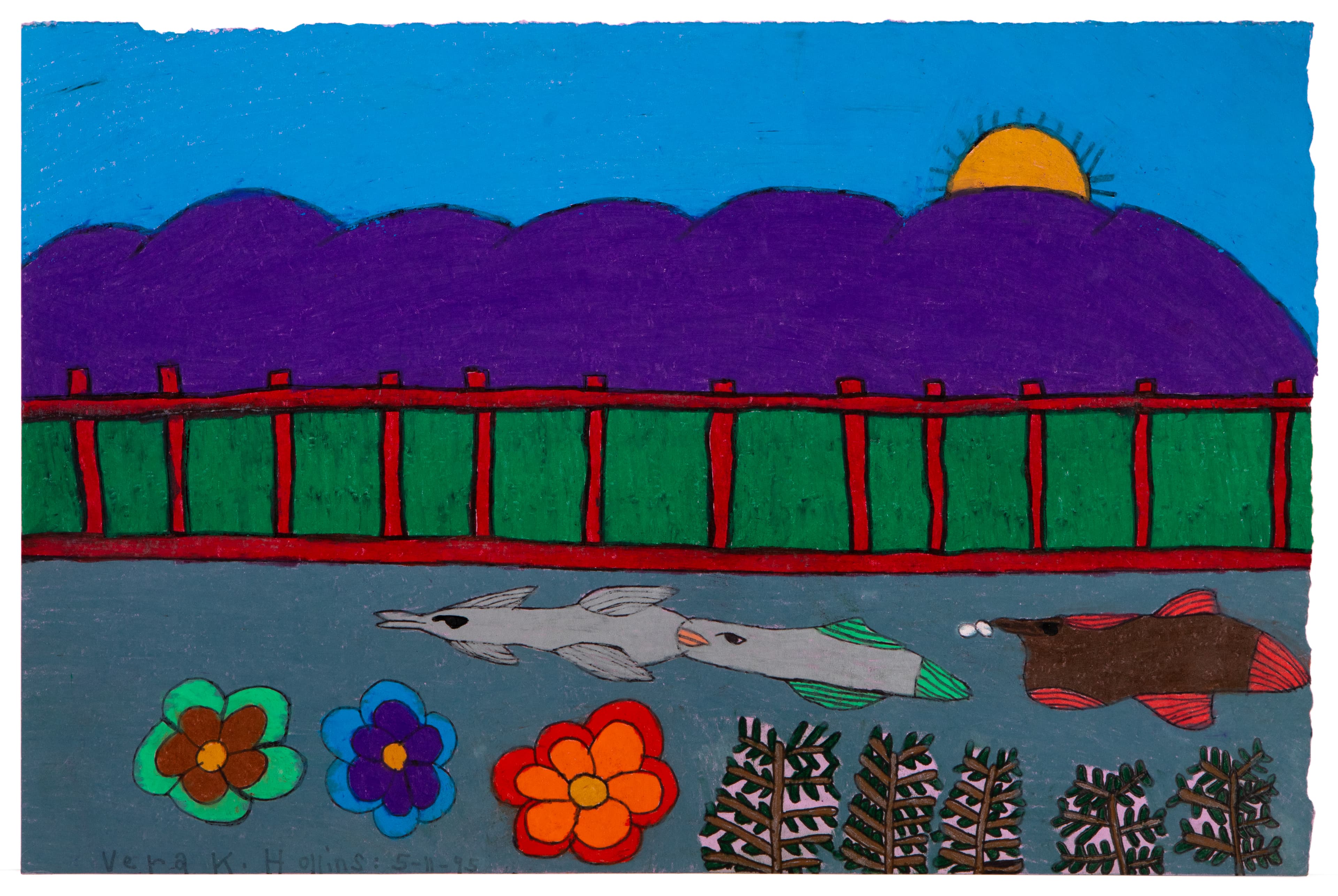 Pastel drawing showing underwater scene with fish, flowers, and bridge above purple mountains