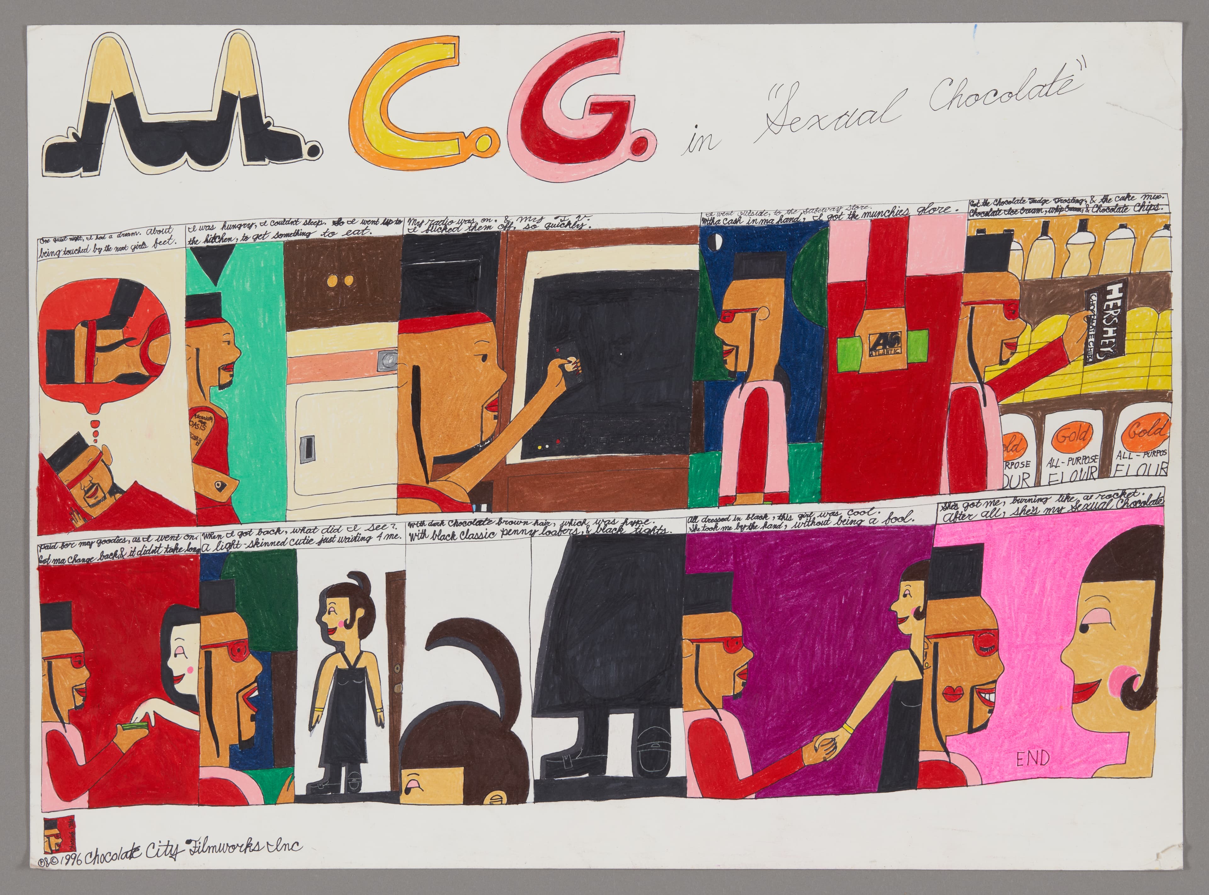 Comic strip drawing with colorful panels showing figures and text, created with colored pencil and ink on paper