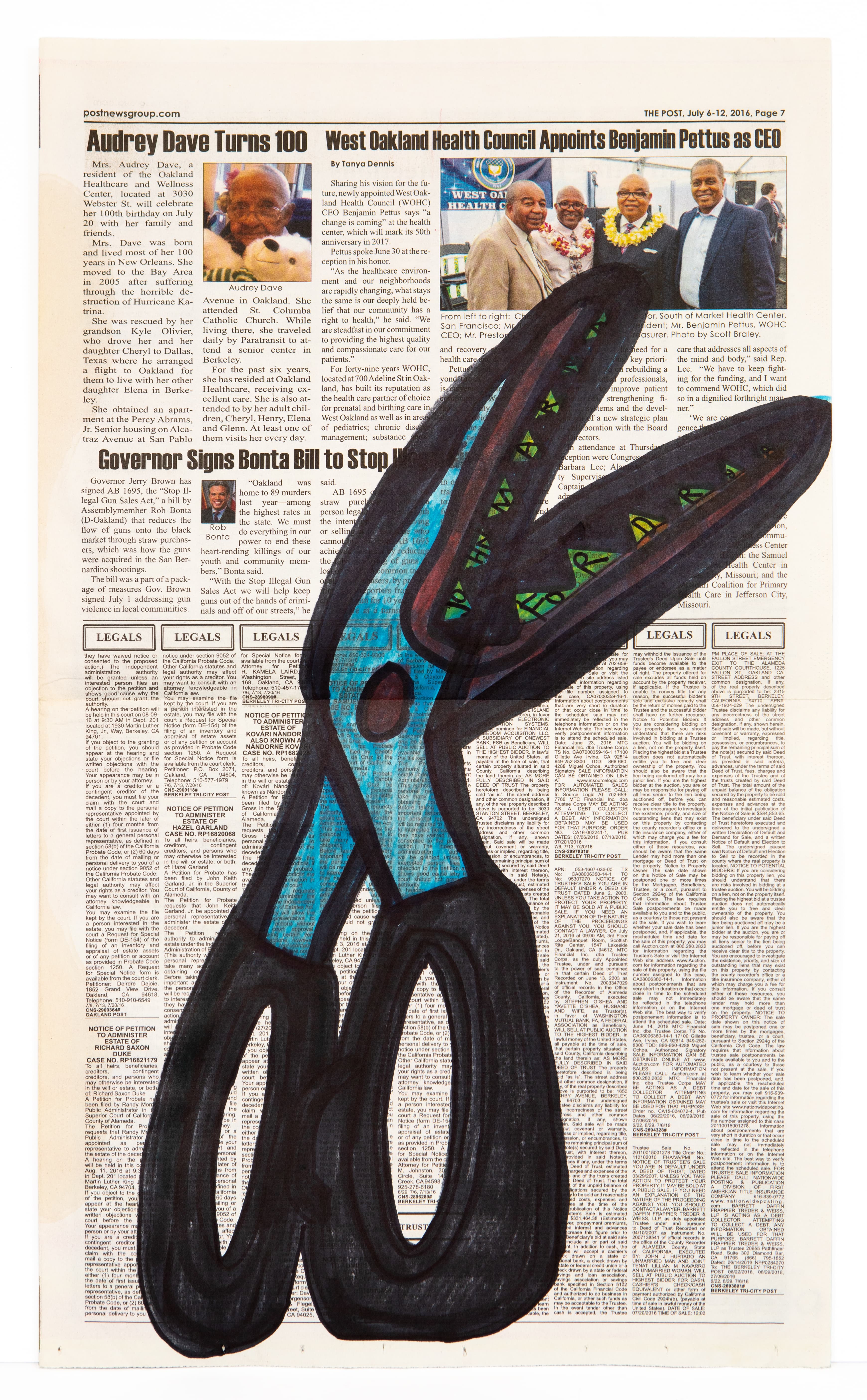 Mixed media drawing on newspaper showing stylized figure with blue torso and black legs, ink on newsprint