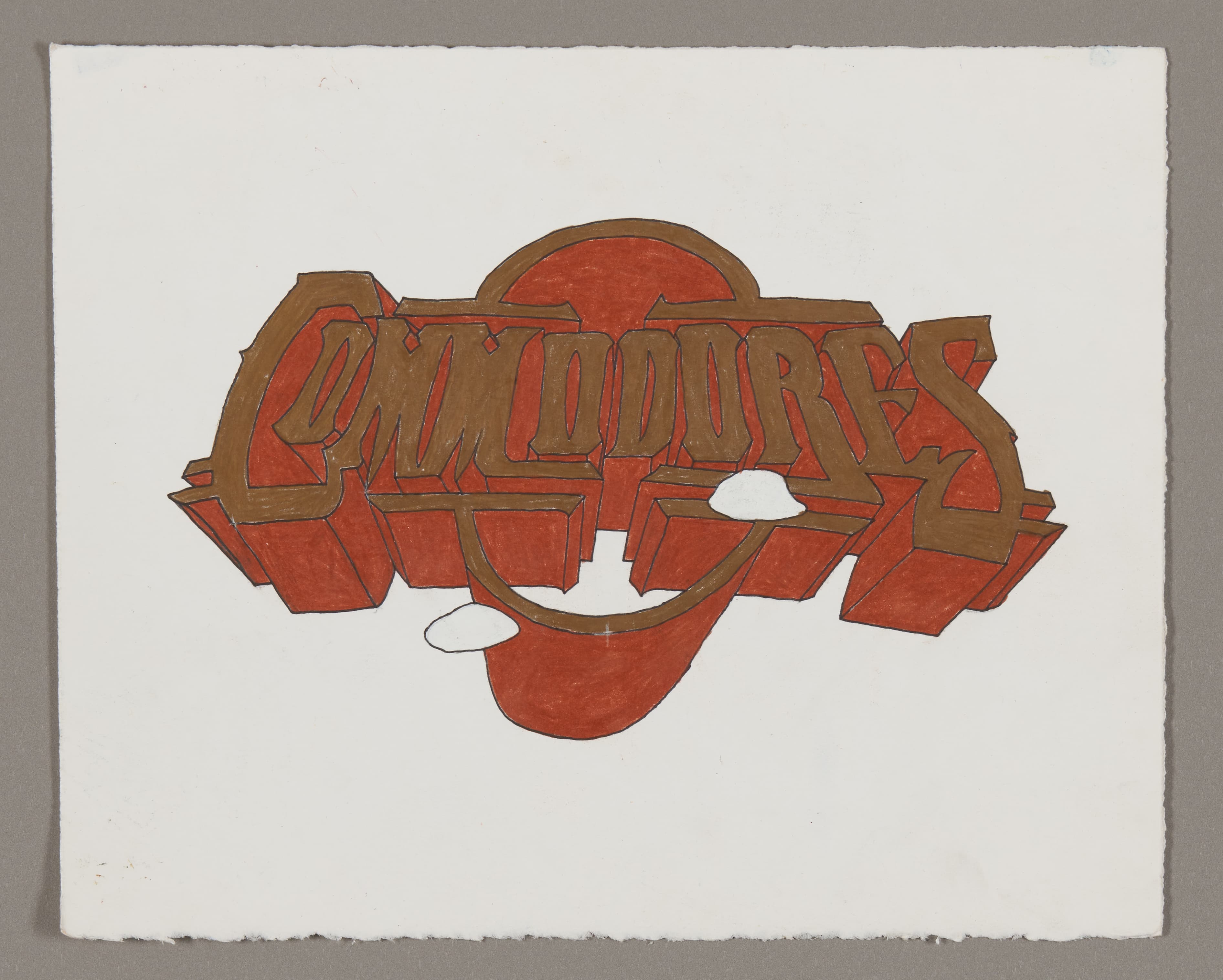 Drawing of 'COMMODORES' text in dimensional red and brown lettering on white paper
