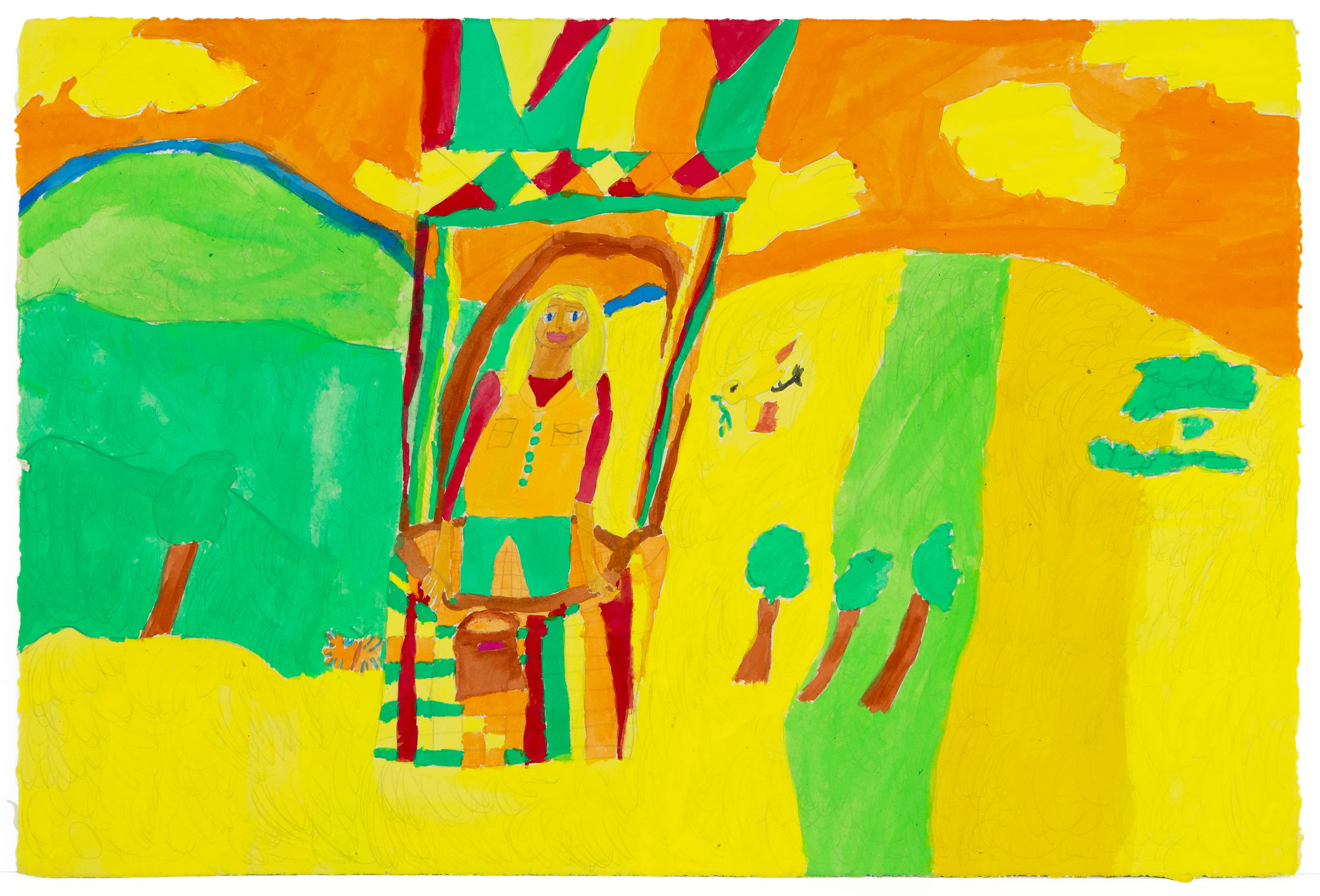 Watercolor painting with vibrant yellow, green, and orange landscape featuring a central figure with crown-like headdress