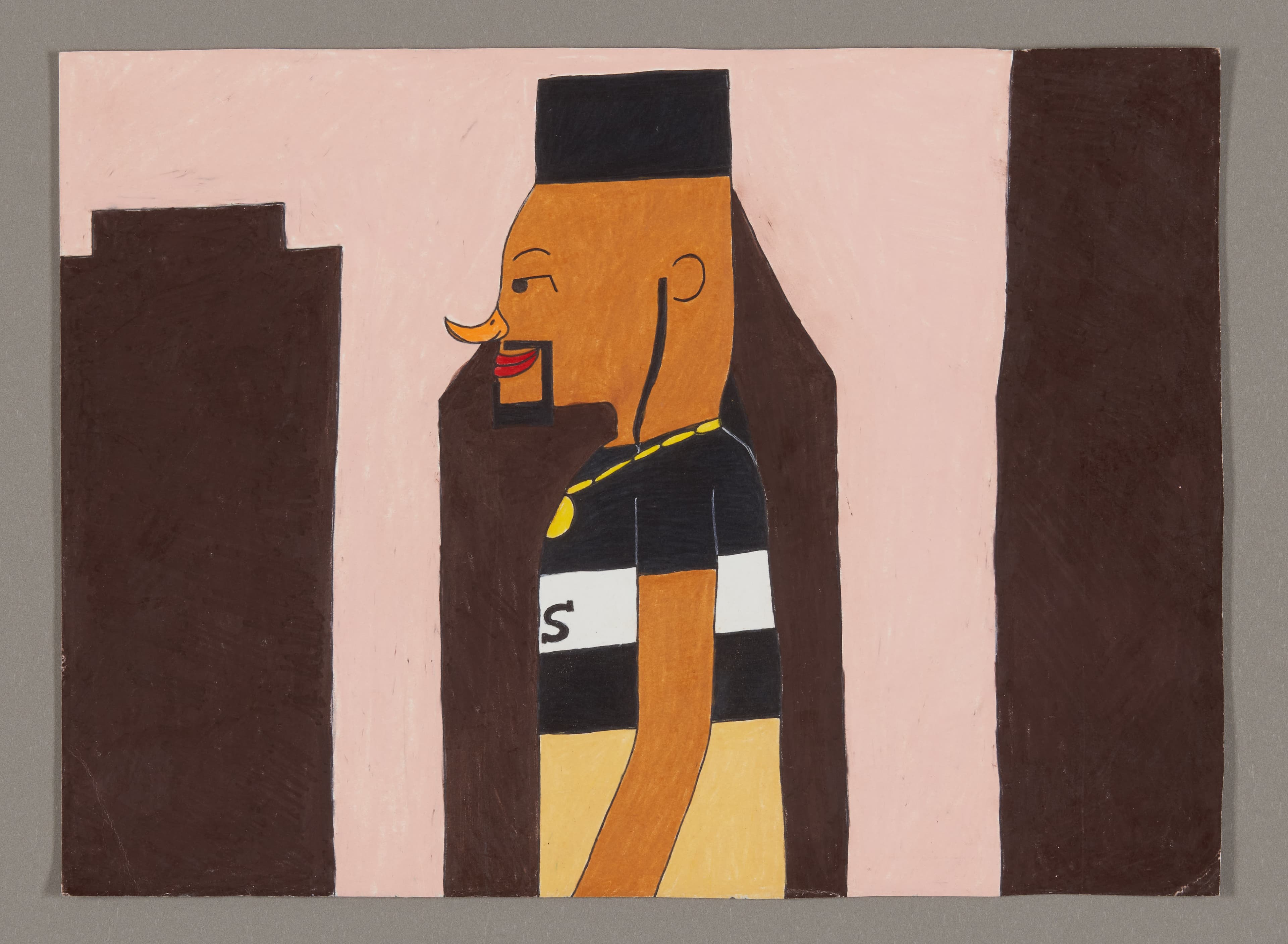 Painting of a figure with orange skin, black hair, and striped clothing against pink and brown geometric background