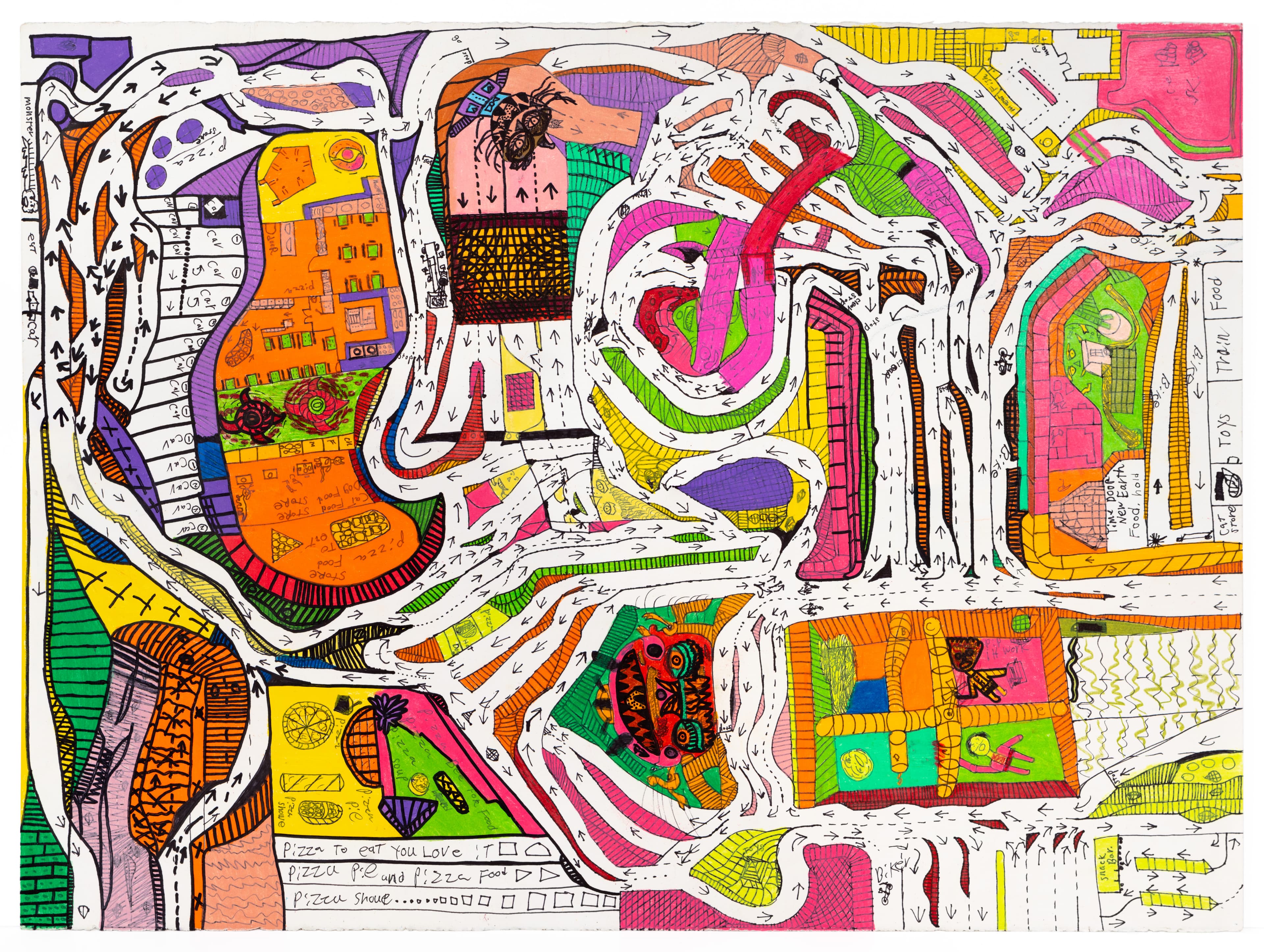 Mixed media drawing with white flowing forms over colorful geometric sections filled with text and patterns